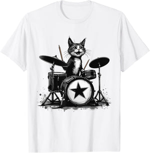 Punk Rockstar Kitten Kitty Cat Drummer Playing Drums Graphic T-Shirt - T-Shirt | White