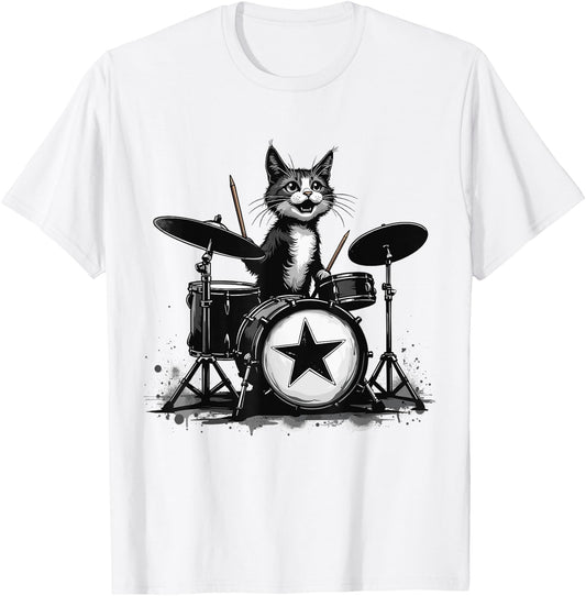 Punk Rockstar Kitten Kitty Cat Drummer Playing Drums Graphic T-Shirt - T-Shirt | White