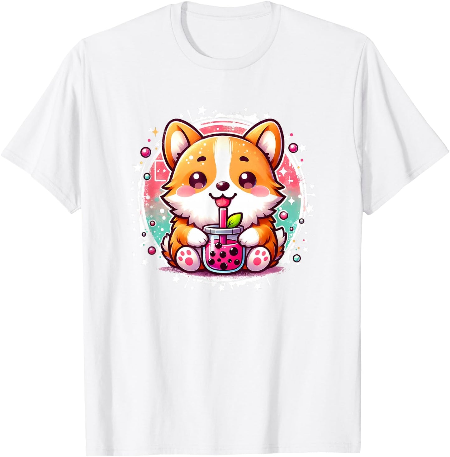 Cute Kawaii Stuff Corgi Dog Drinks Boba Bubble Tea Anime - Pink, Small, , Short Sleeve, Anime Themed Corgi Dog T-Shirt - T-Shirt | White