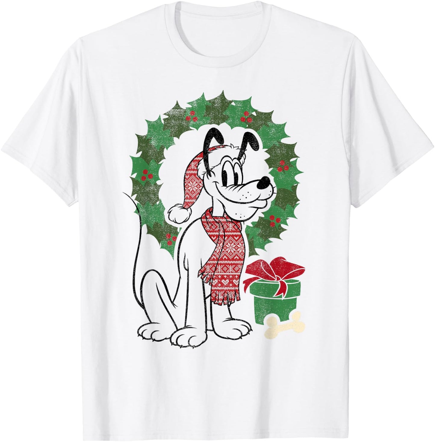 Disney Mickey And Friends Christmas Pluto Wreath Portrait T-Shirt - T-Shirt | White