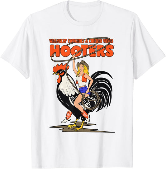 Hooters Wranglin' Cowgirl Riding Rooster T-Shirt - T-Shirt | White