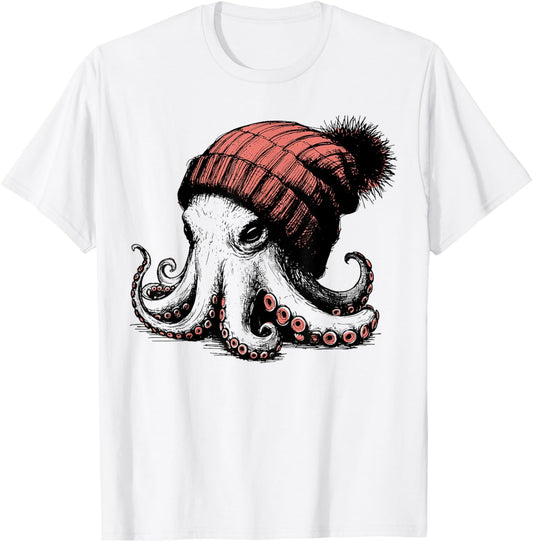 Octopus Wearing Beanie Retro Graphic Funny Vintage T-Shirt - T-Shirt | White