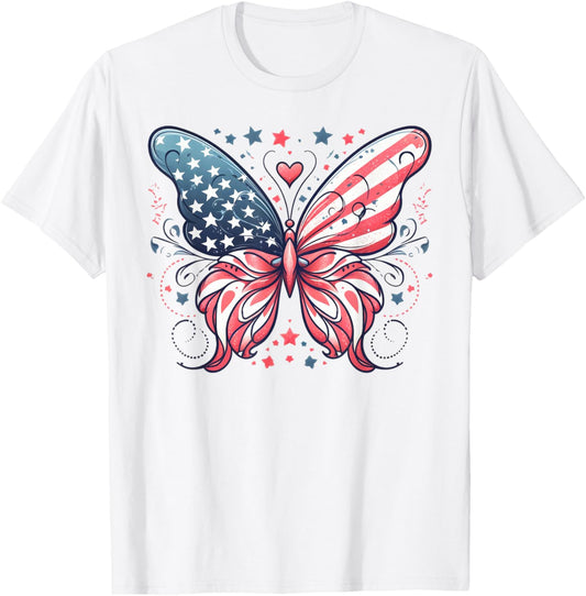 Butterfly American Flag USA 4th of July, Girls Women America T-Shirt - T-Shirt | White