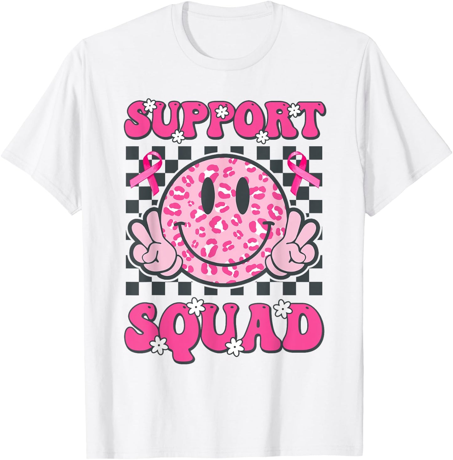 Support Squad Breast Cancer Awareness Smile Face Pink Ribbon T-Shirt - T-Shirt | White