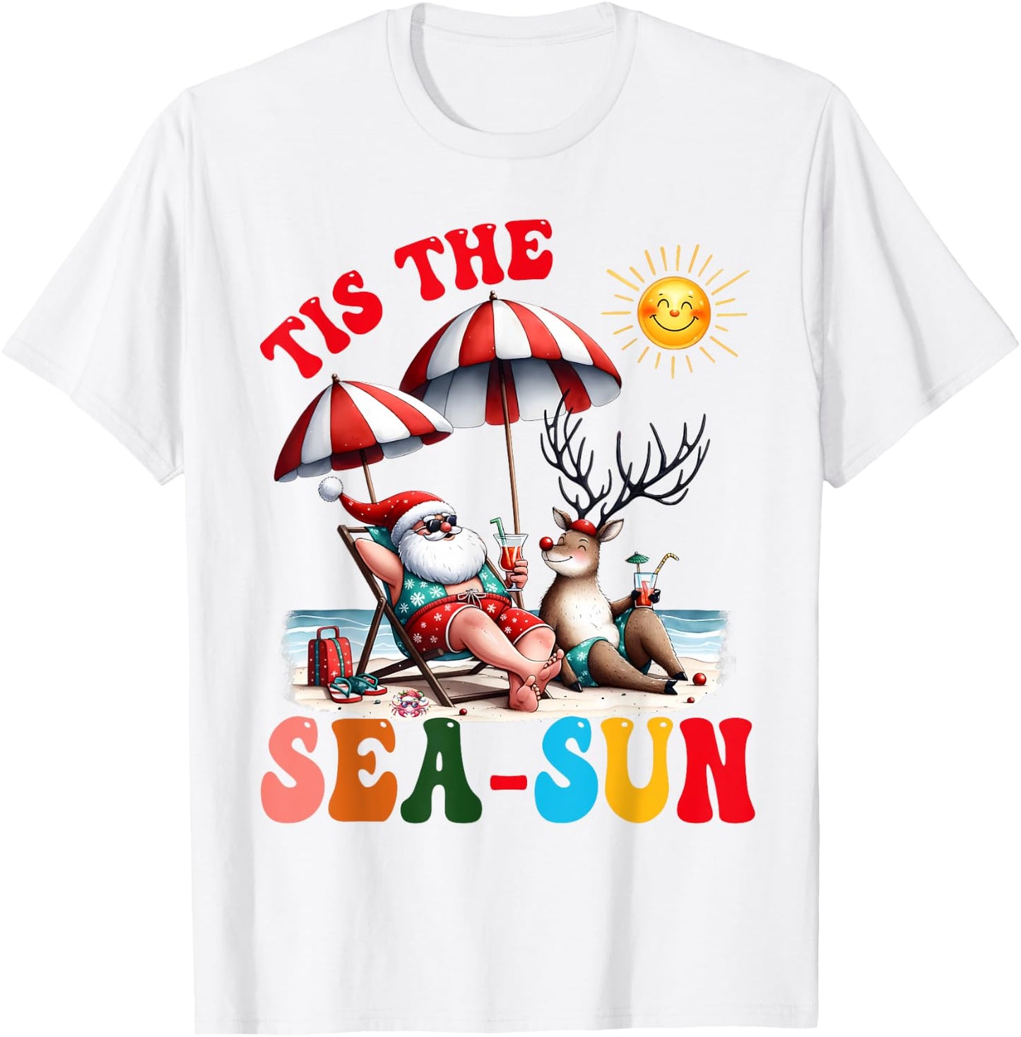 Funny Santa Tis the Sea-Sun Christmas Summer Reindeer Family Men Women Kids T-Shirt - T-Shirt | White