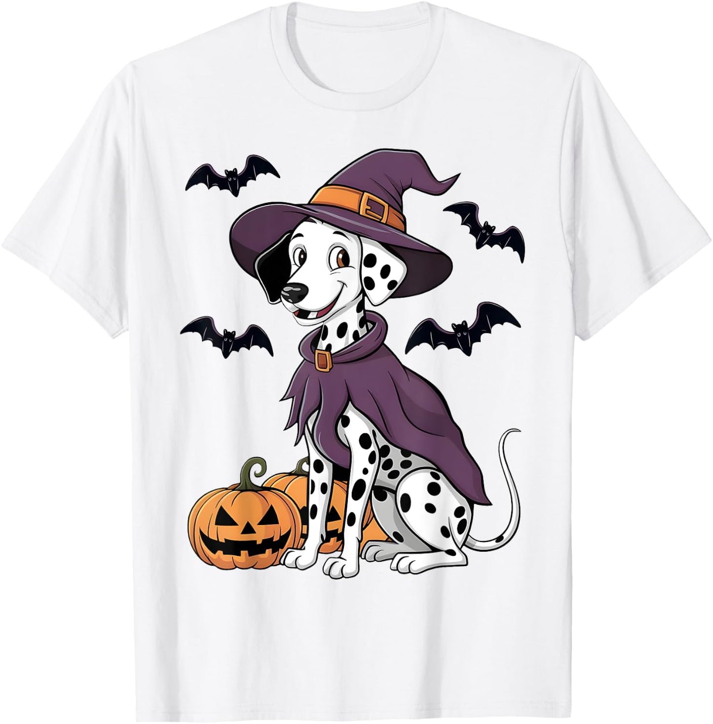 Scary Pumpkin Bat Funny Witch Hat Dalmatian Dog Halloween T-Shirt - T-Shirt | White