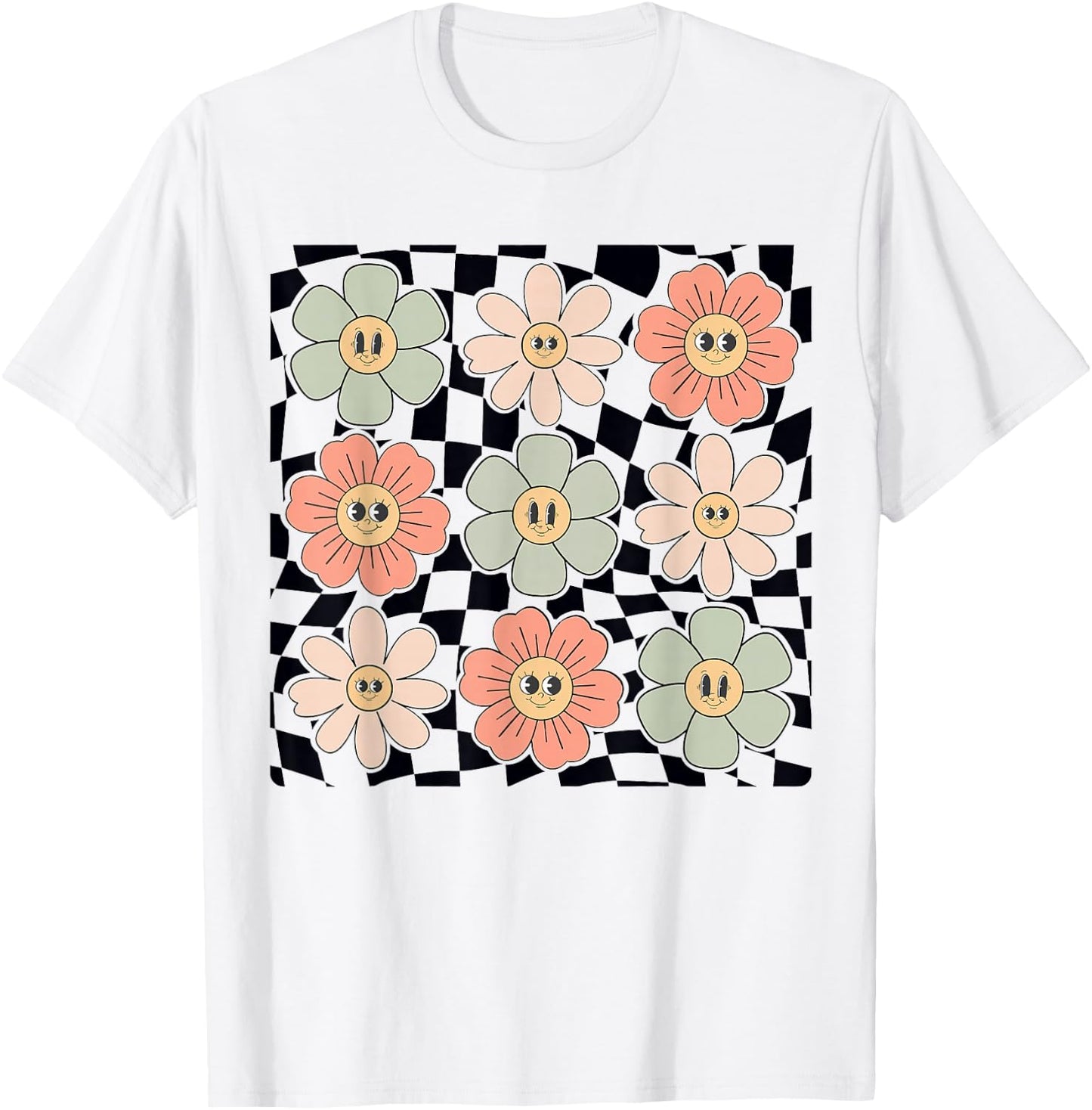 Retro Colorful Checkered Pattern Checkerboard Daisy Flowers T-Shirt - T-Shirt | White