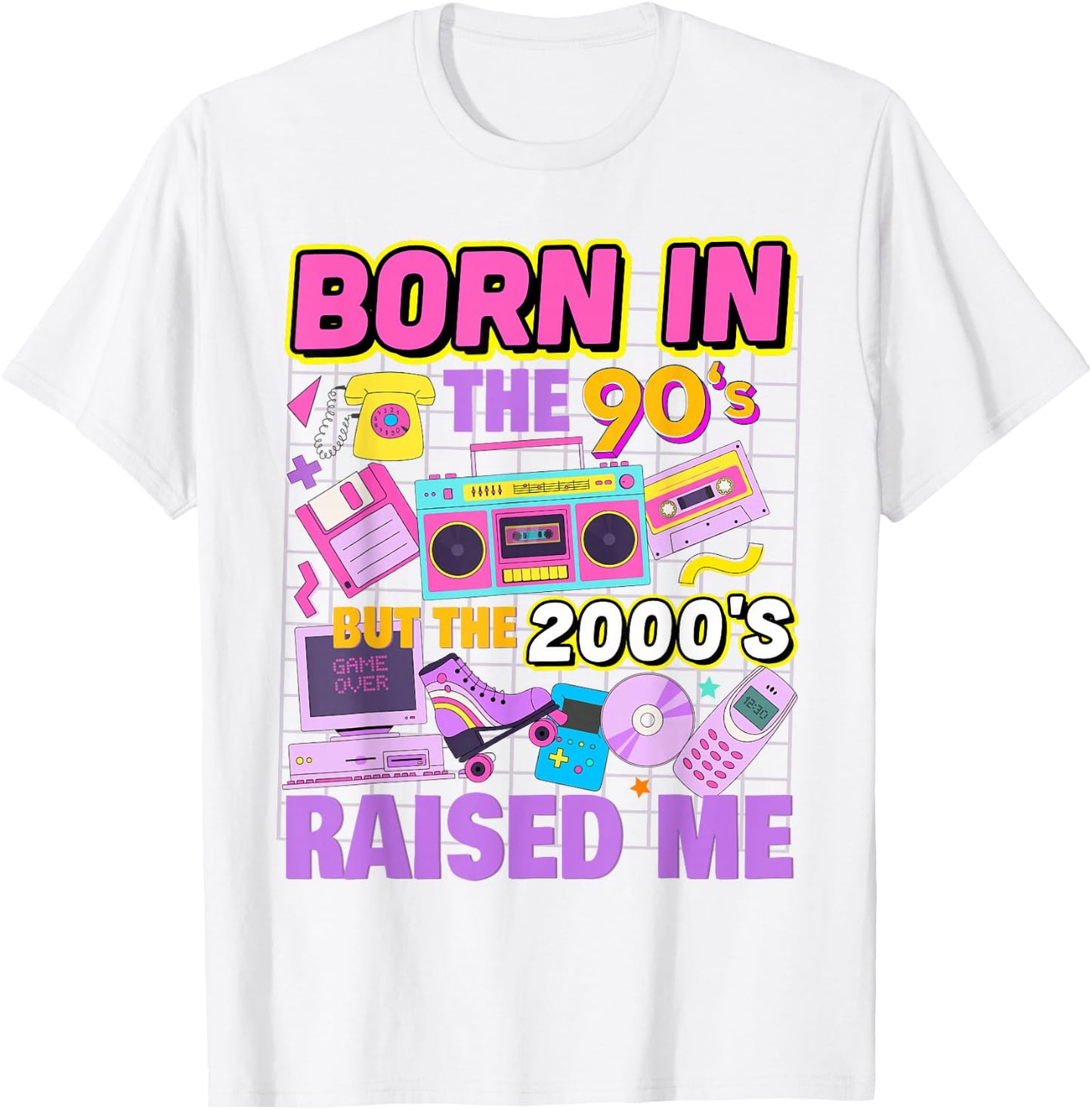 Born In The 90's But The 2000's Raised Me Vintage Retro 90s T-Shirt - T-Shirt | White