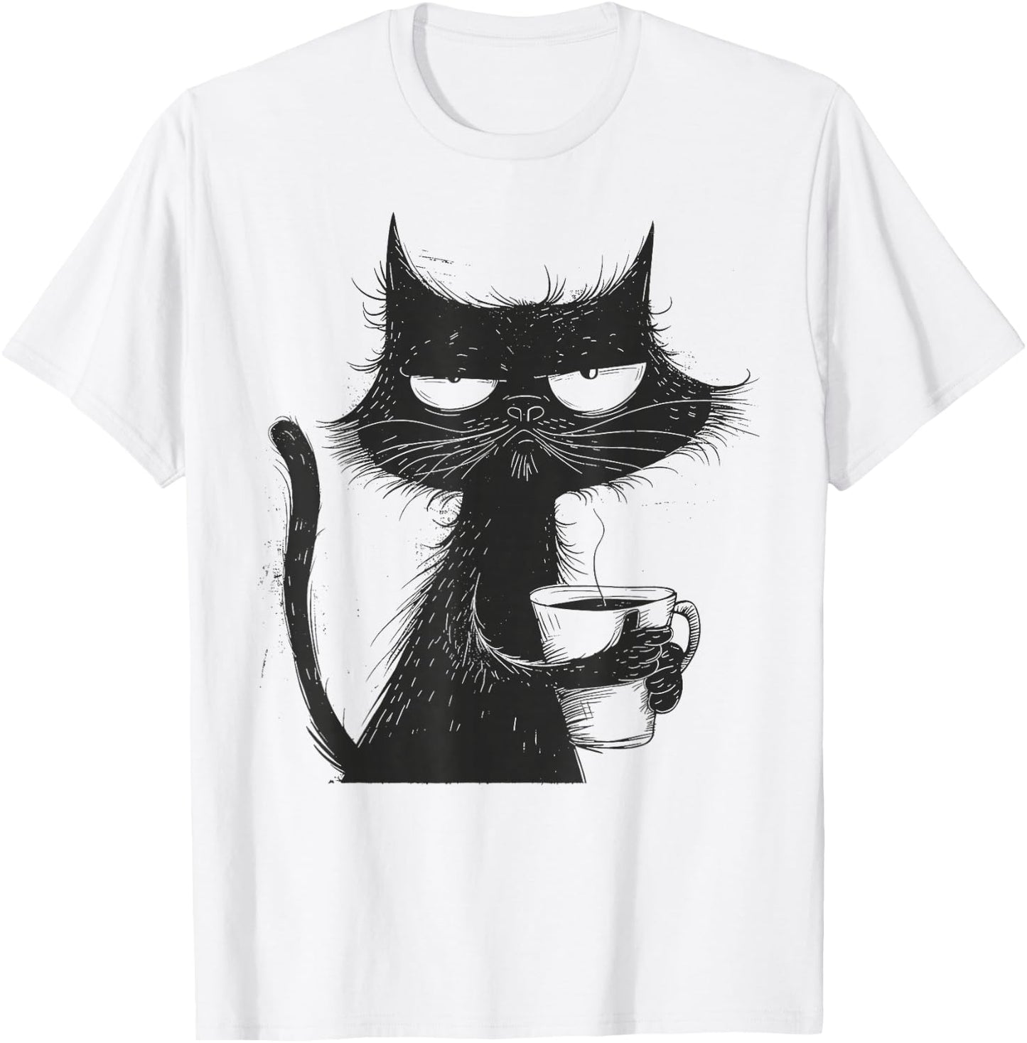 Funny Angry Cat With Coffee Mug Graphic T-Shirt - T-Shirt | White