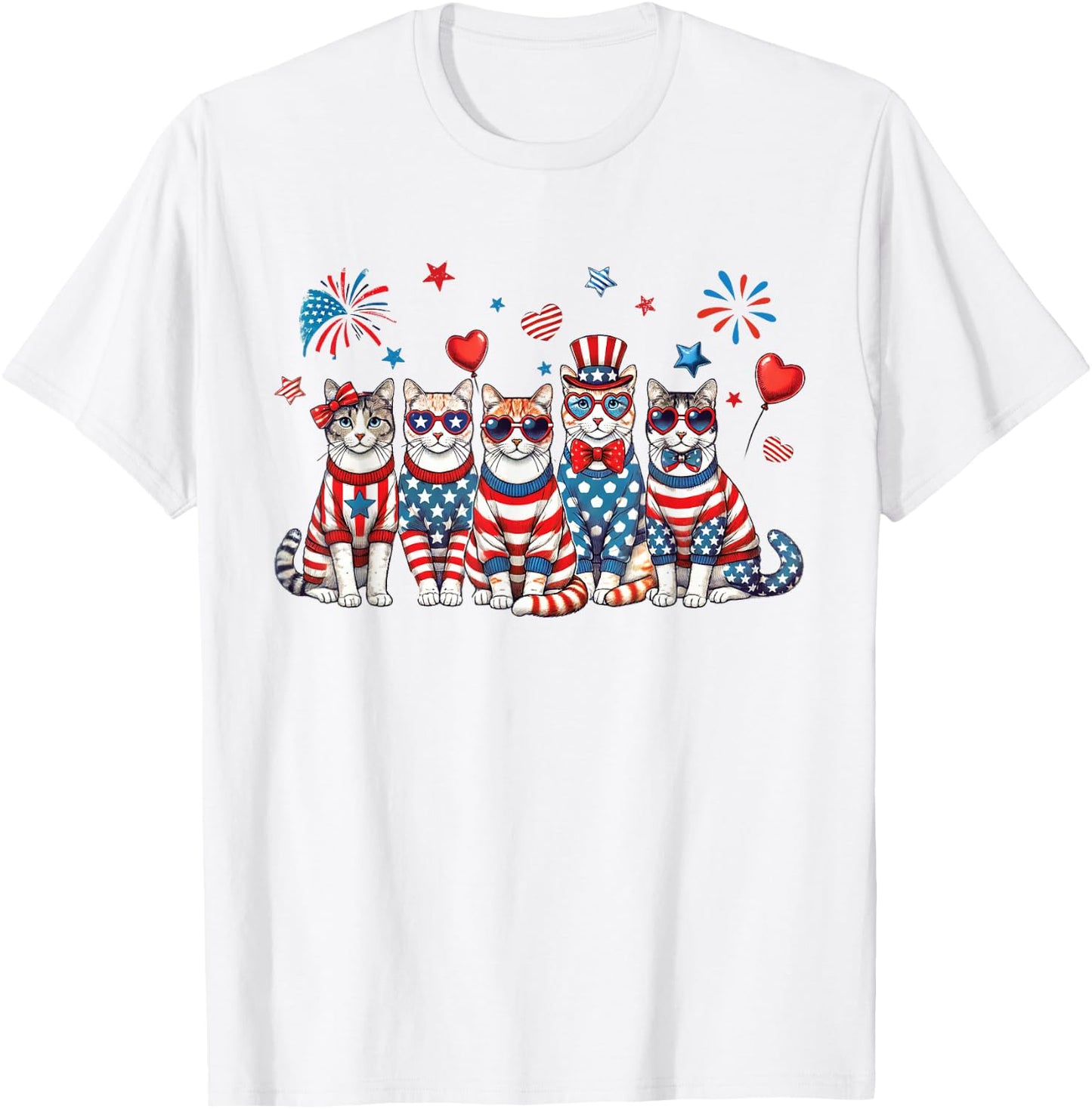 Patriotic Cats Wearing Red White Blue Glasses Fireworks USA T-Shirt - T-Shirt | White