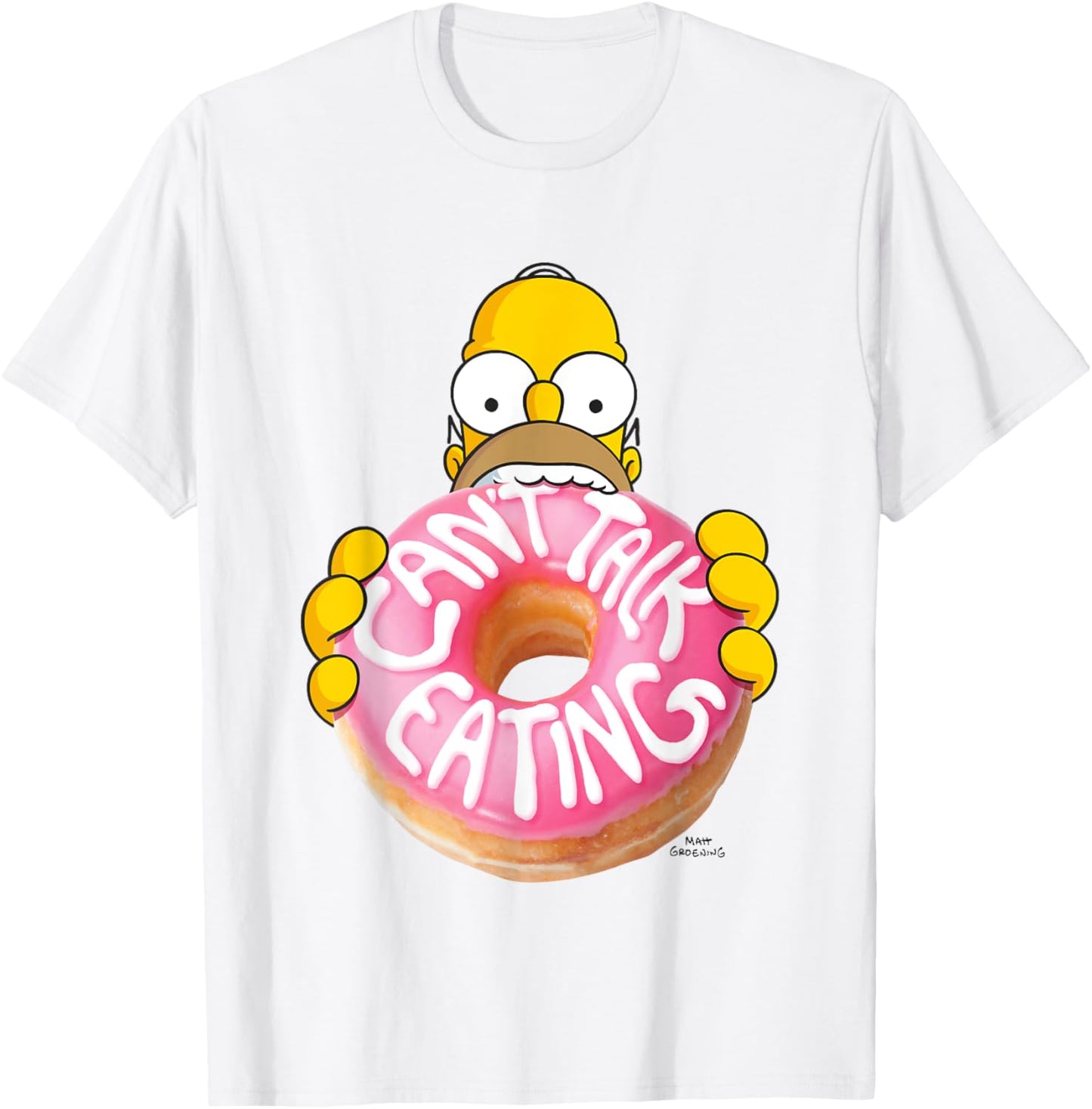 The Simpsons Homer Can't Talk Eating Big Donut Chest Logo T-Shirt - T-Shirt | White