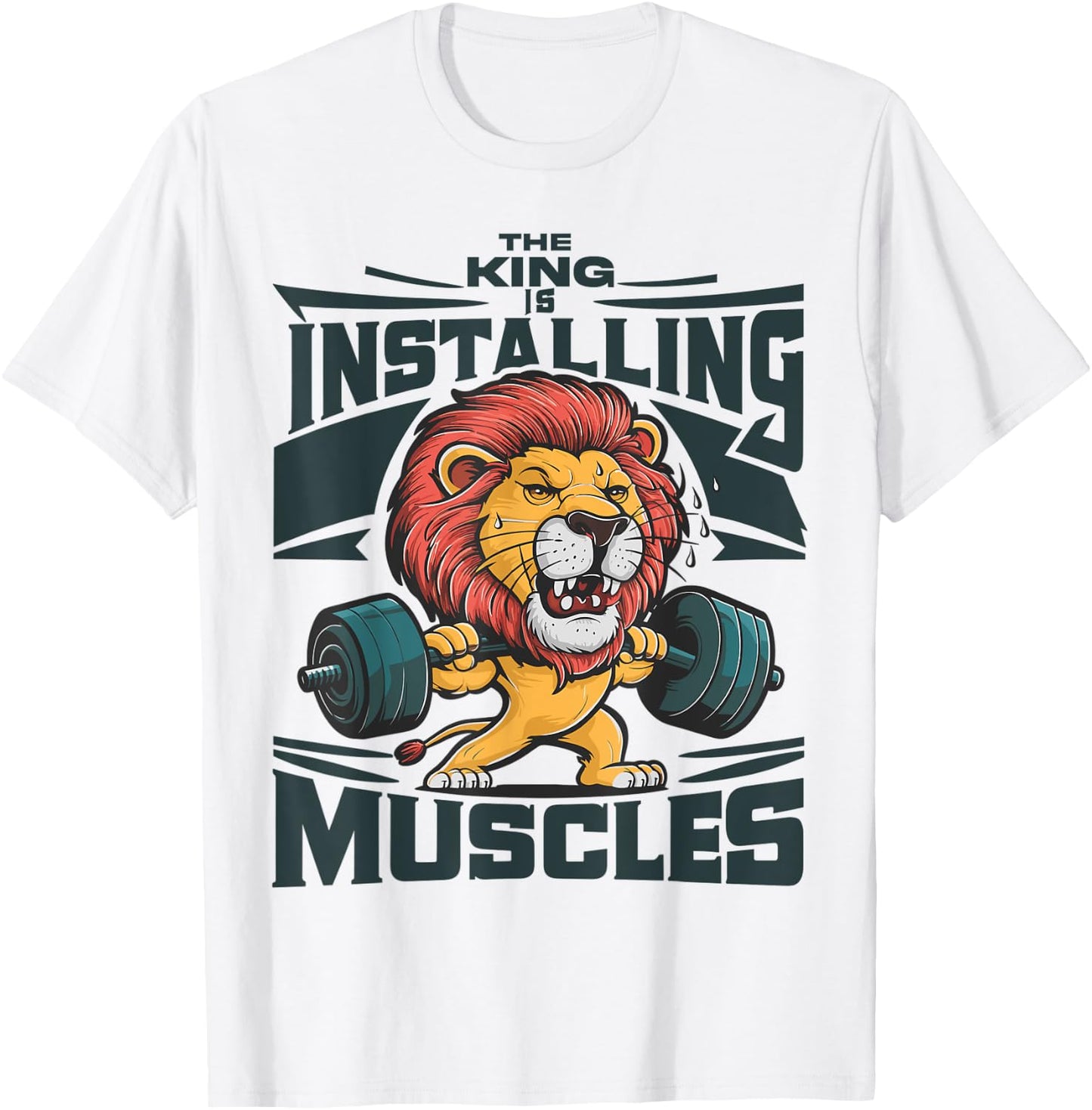 Funny Lion Installing Muscles Please Wait Lifting Barbell T-Shirt - T-Shirt | White