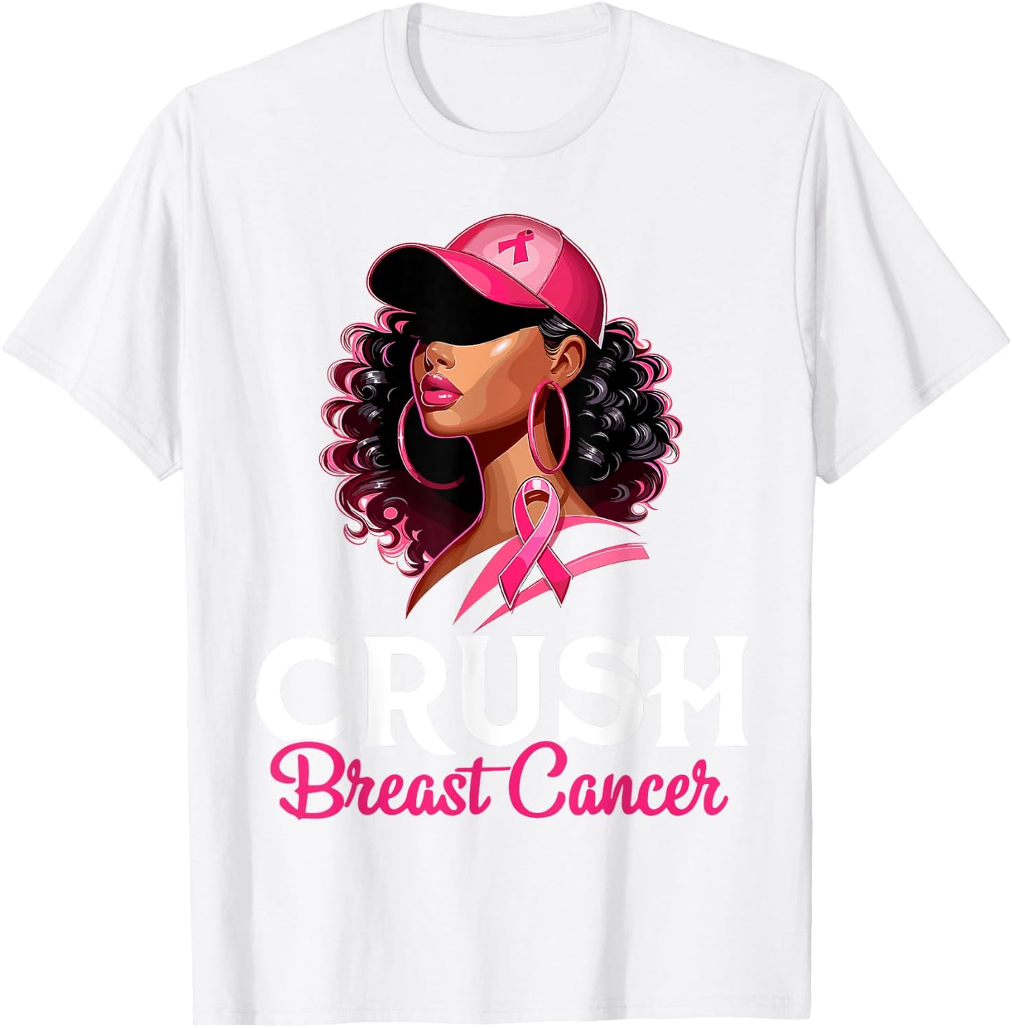 Crush Breast Cancer Awareness Black Afro Woman Pink Ribbon T-Shirt - T-Shirt | White