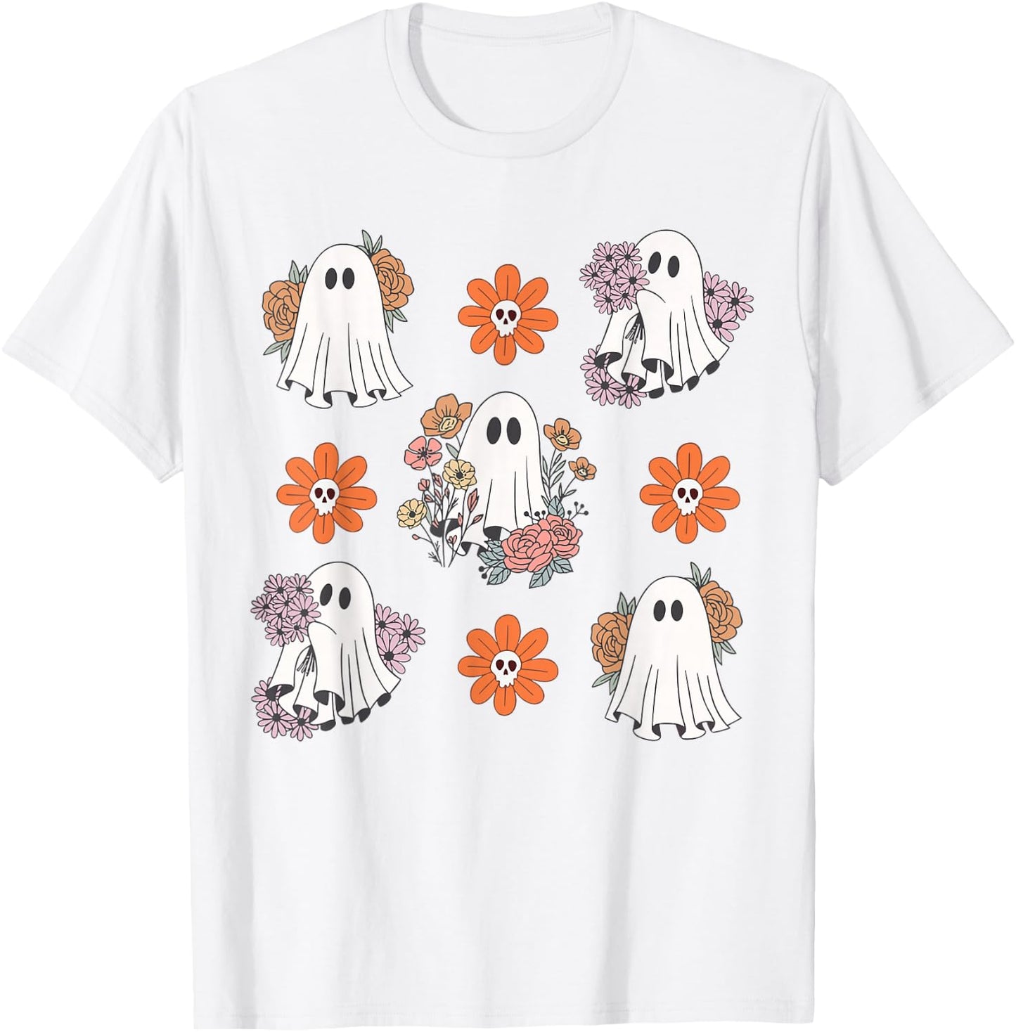 Cute Ghost Flower Halloween Pumpkin Spooky Season Women Kids T-Shirt - T-Shirt | White
