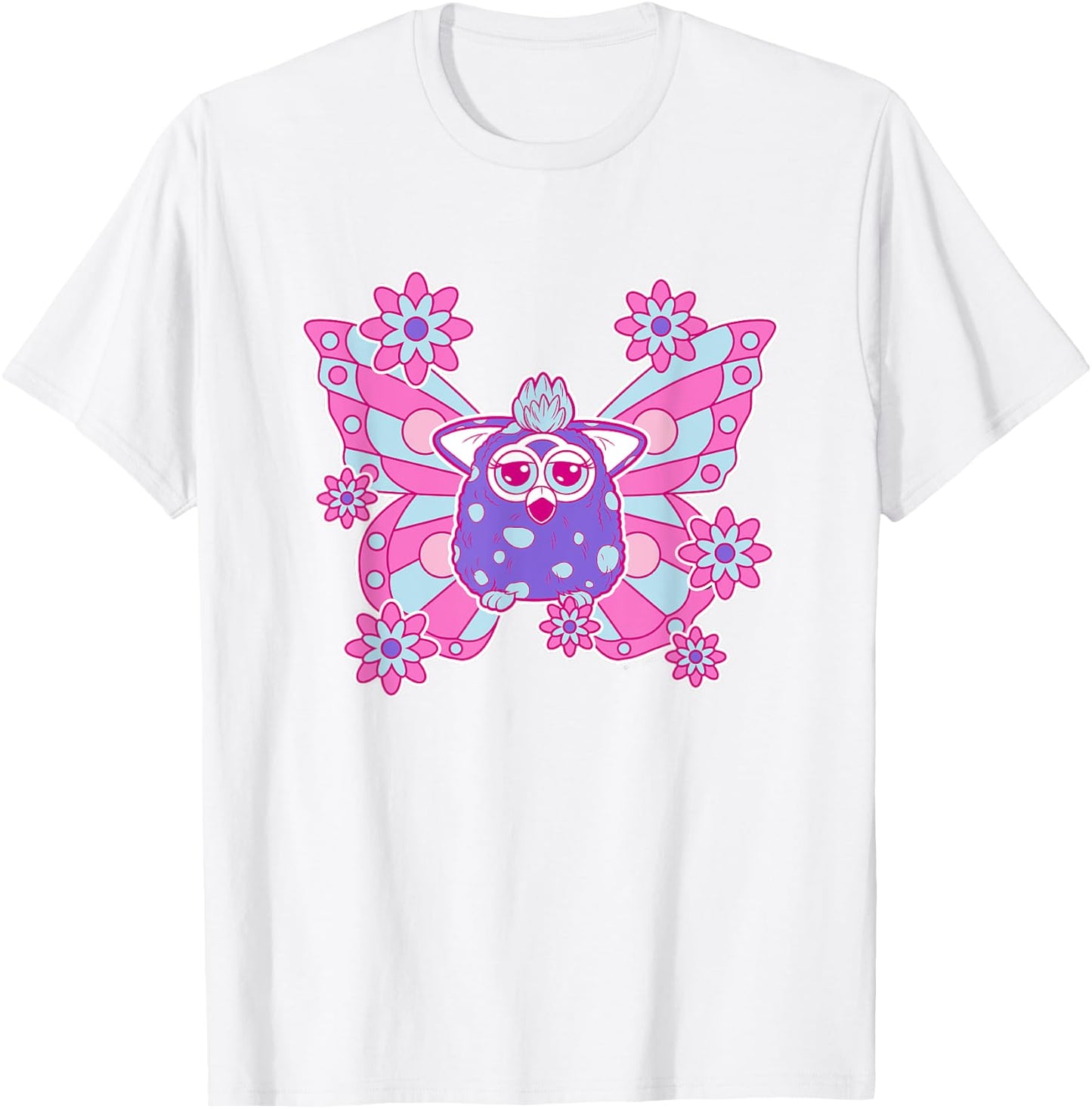 Furby Cute Purple Butterfly Floral Big Chest Logo T-Shirt - T-Shirt | White