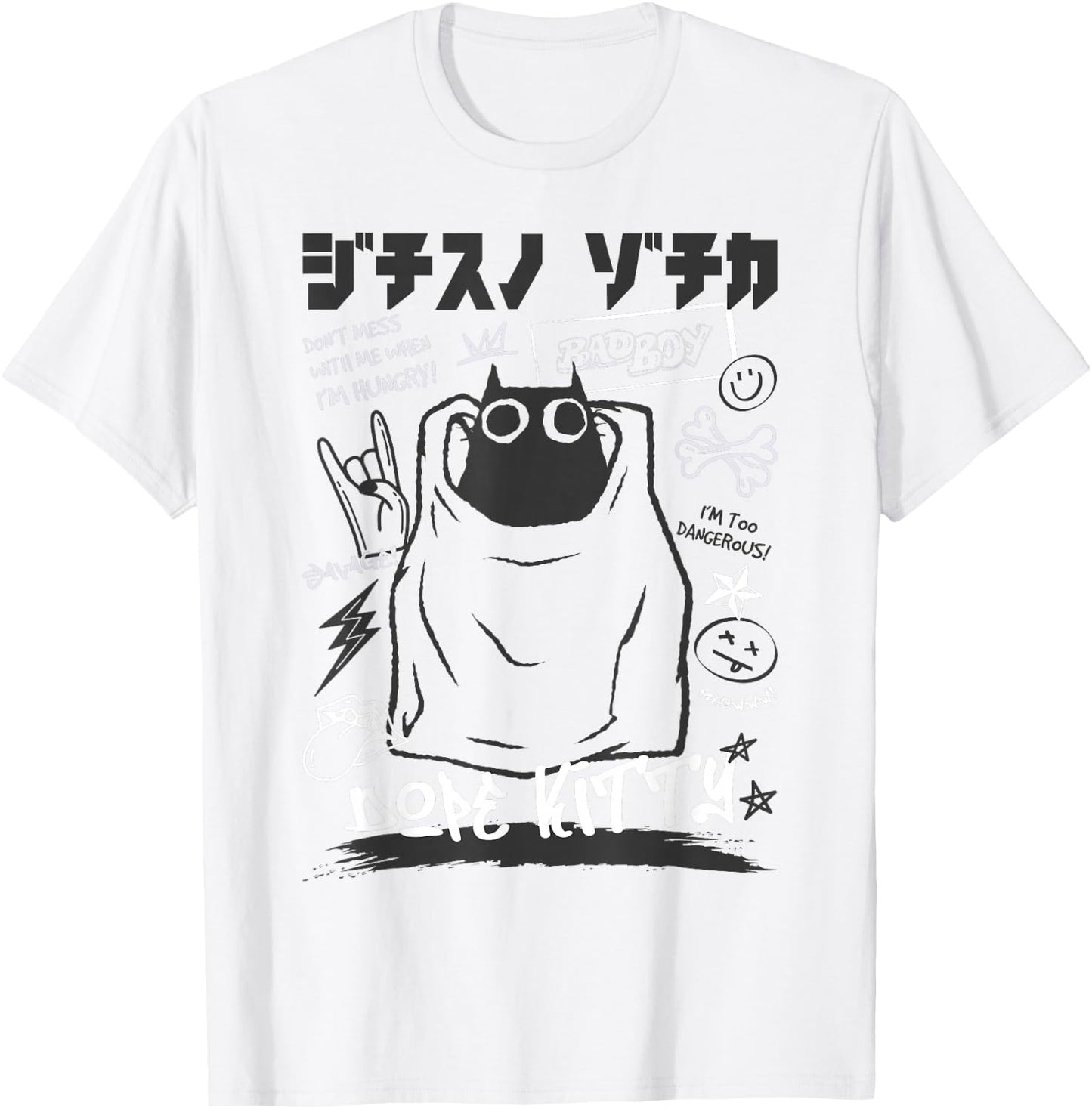 Funny Japanese Cartoon Black Cat Humorous Kitty T-Shirt - T-Shirt | White