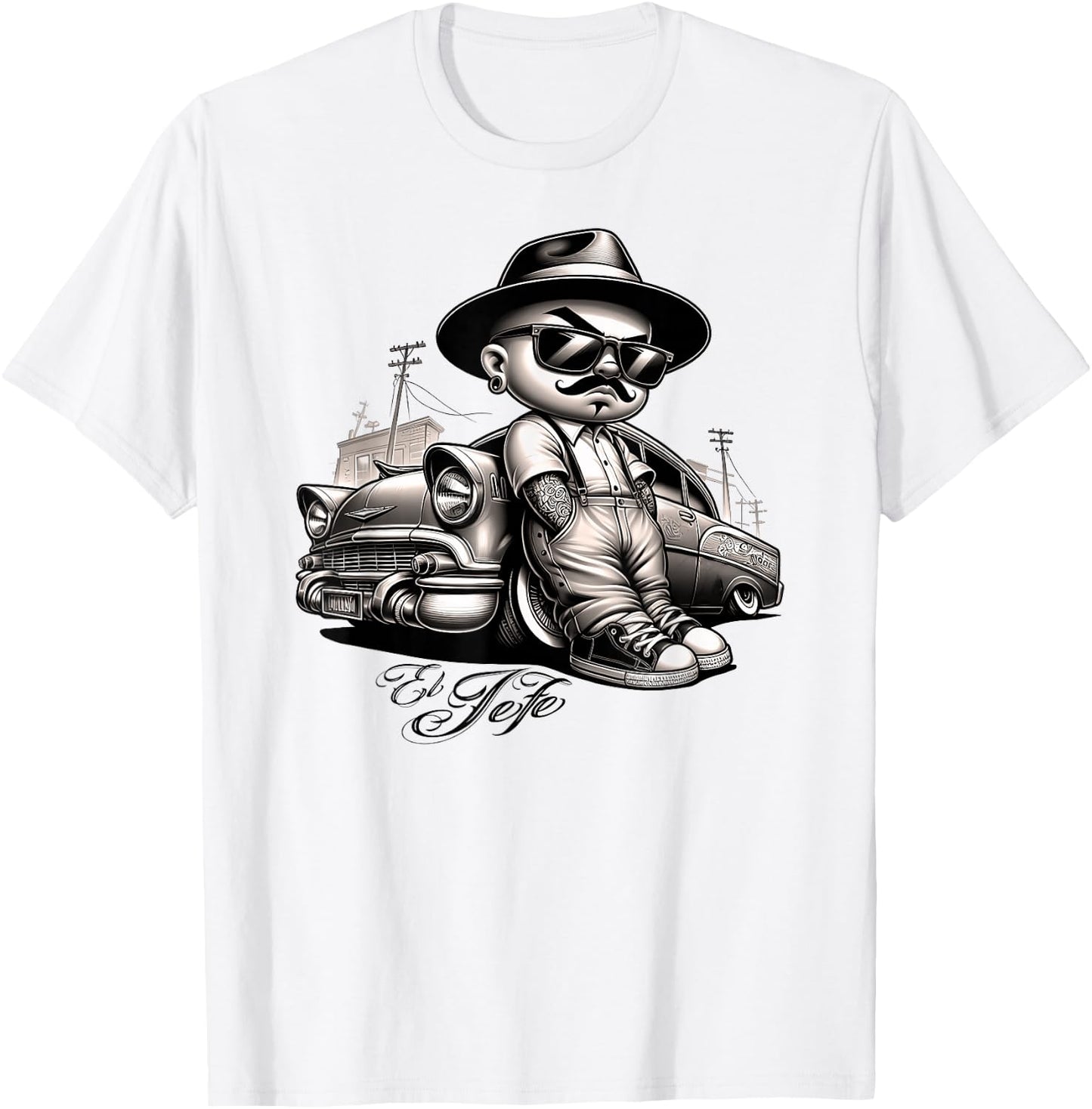EL JEFE Bomba Lowrider Chicano Homie Tattoo Cholo Pachuco T-Shirt - T-Shirt | White