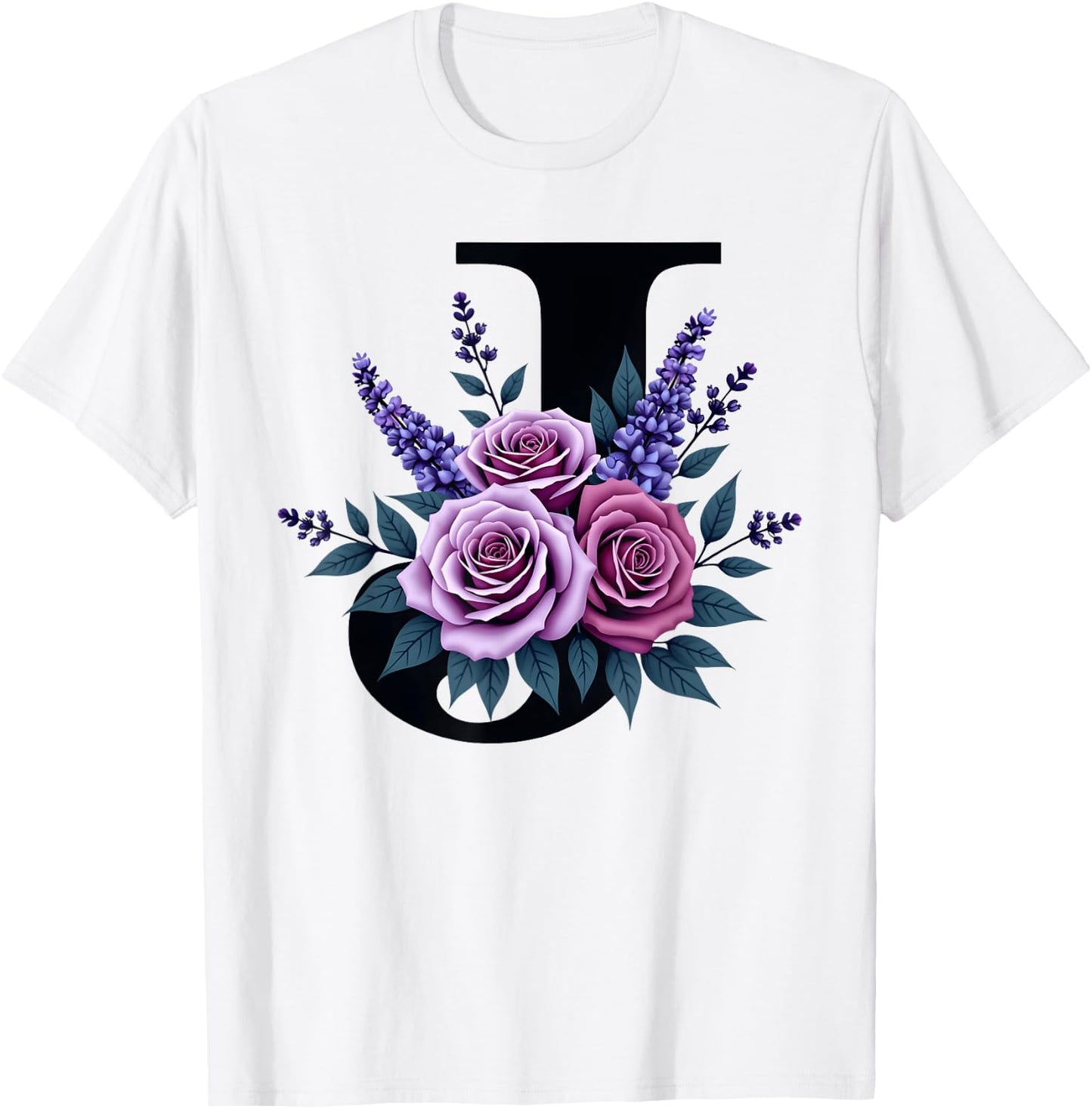 monogram initial name letter J purple roses lavender flowers T-Shirt - T-Shirt | White