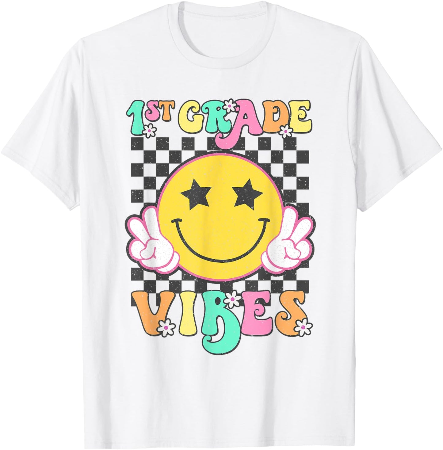 Girls 1st Grade Vibes Smile Face Back to School First Grade T-Shirt - T-Shirt | White