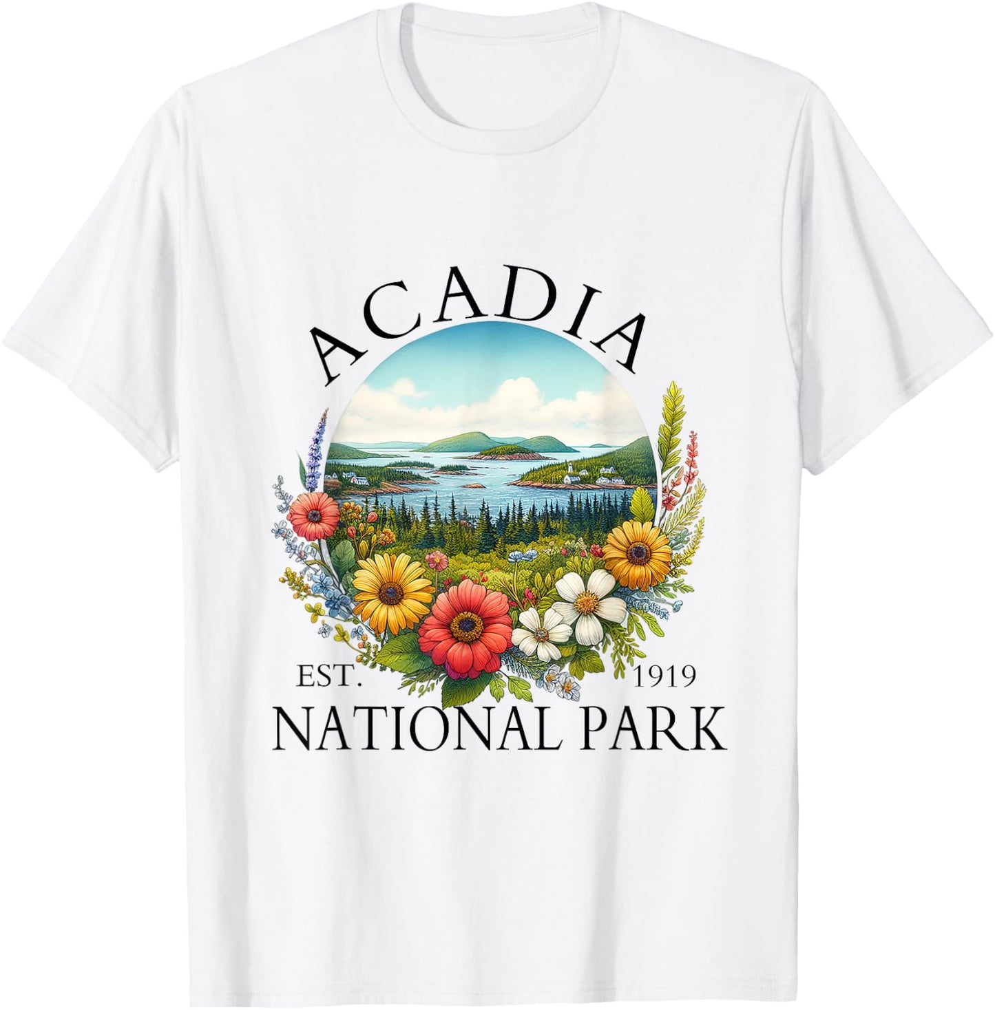Retro Floral Acadia National Park Hiking Camping Outdoor T-Shirt - T-Shirt | White