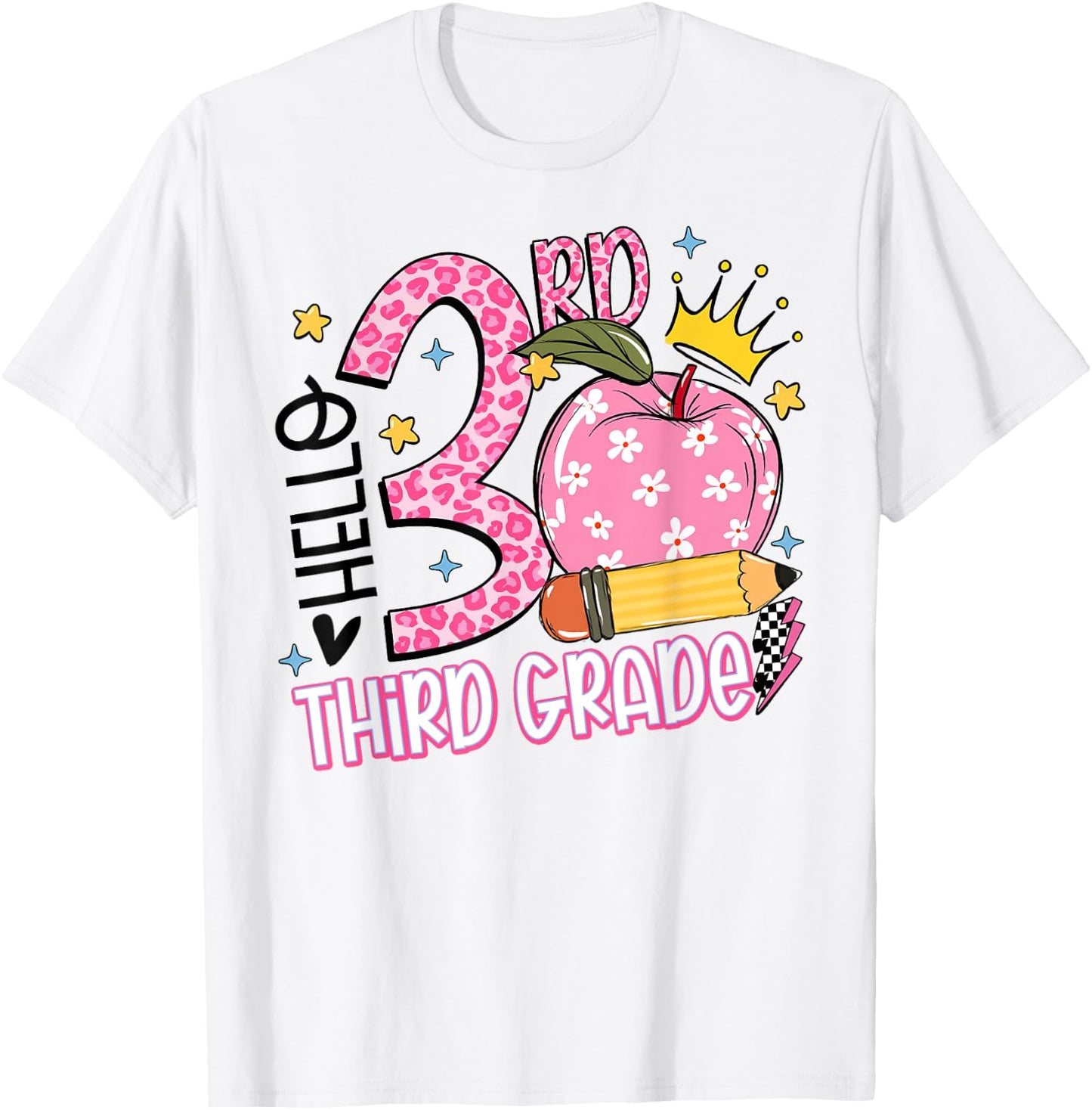 Hello 3rd Third Grade Back To School Pink Leopard Teacher Men Women Girls Kids T-Shirt - T-Shirt | White