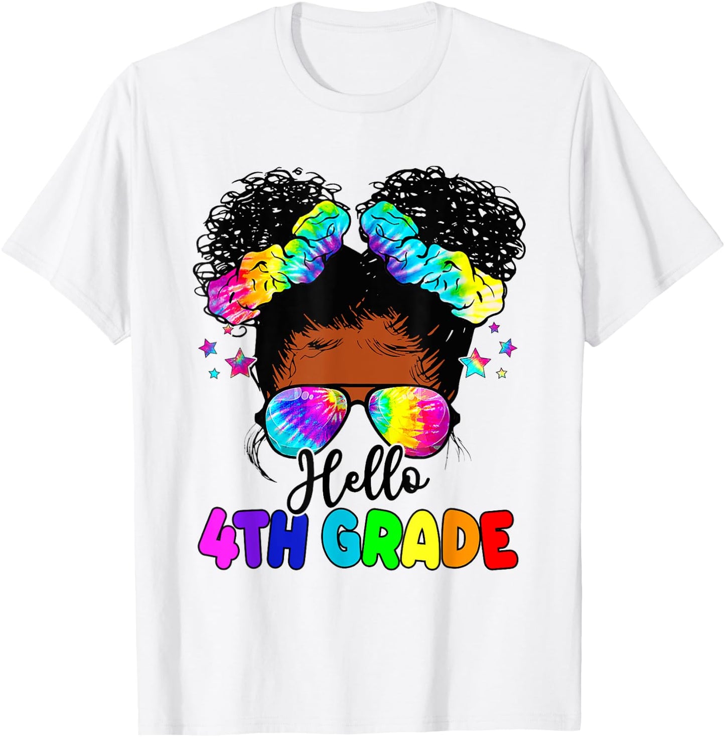Hello 4th Grade Black Messy Bun Girls Kids Back To School T-Shirt - T-Shirt | White