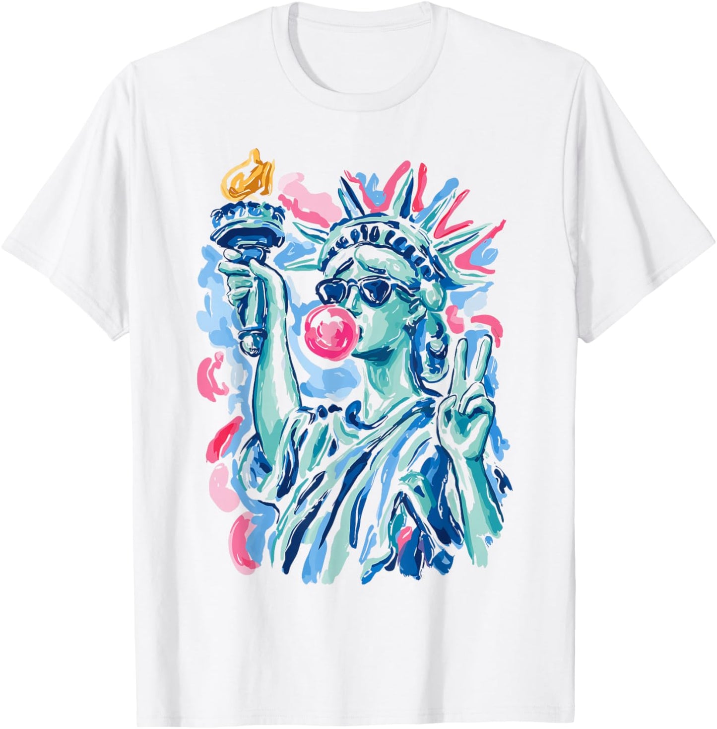 Statue of Liberty Blowing Bubble Gum Patriotic 4th of July T-Shirt - T-Shirt | White