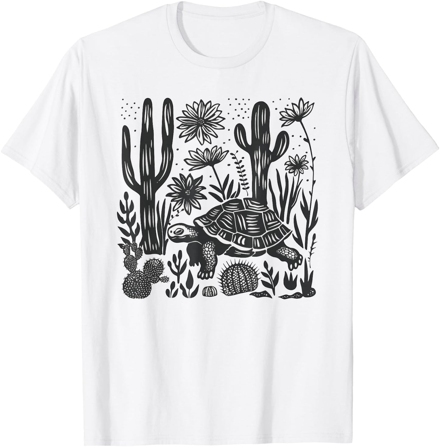 Mexican Linocut Print Mojave Desert Tortoise Cacti Landscape T-Shirt - T-Shirt | White