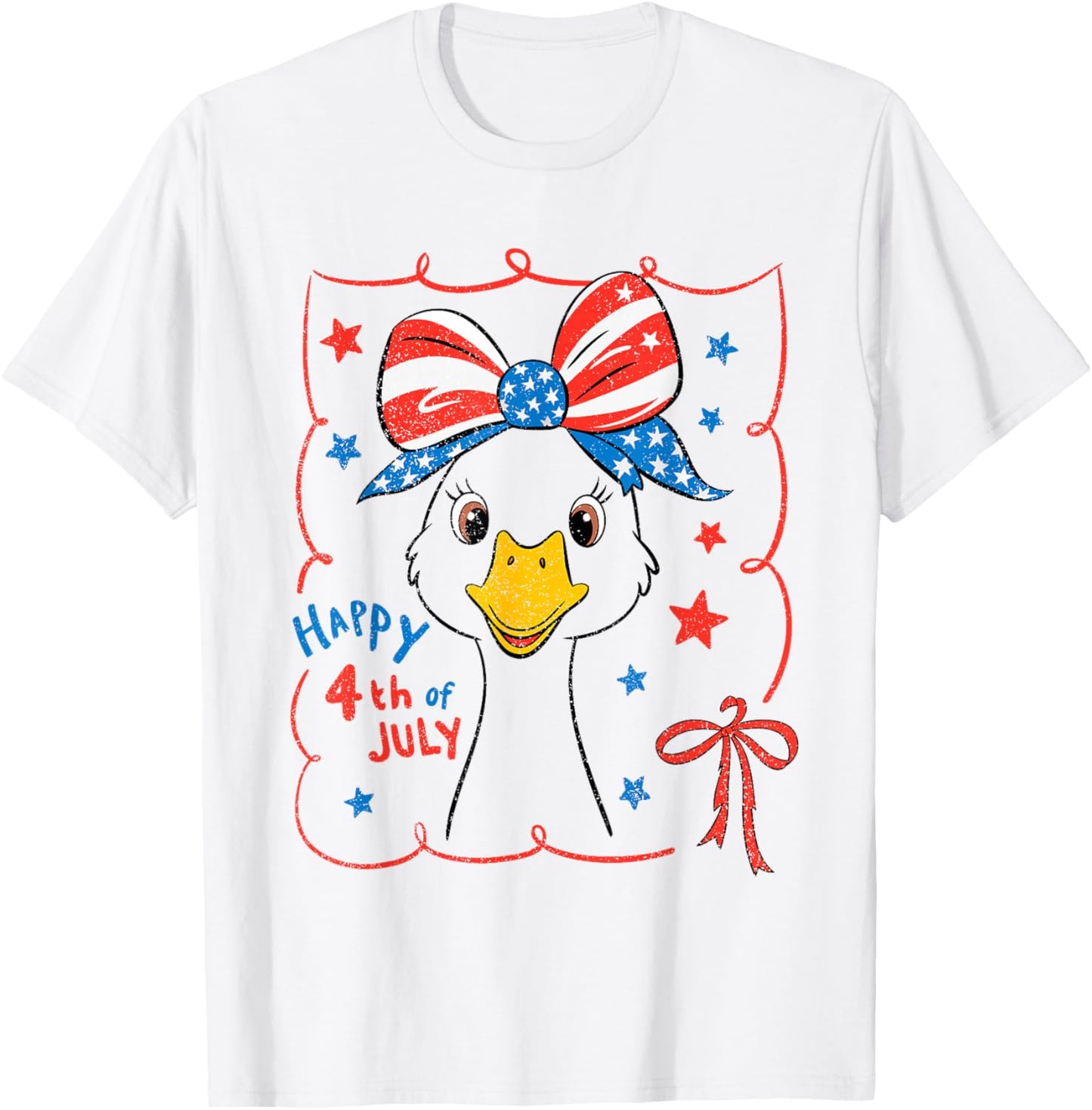 Cute Goose Coquette Bow American Flag USA Happy 4th Of July T-Shirt - T-Shirt | White