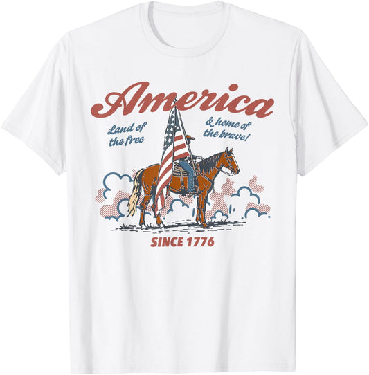 America Land of The Free Western Horse 4th of July Patriotic T-Shirt - T-Shirt | White