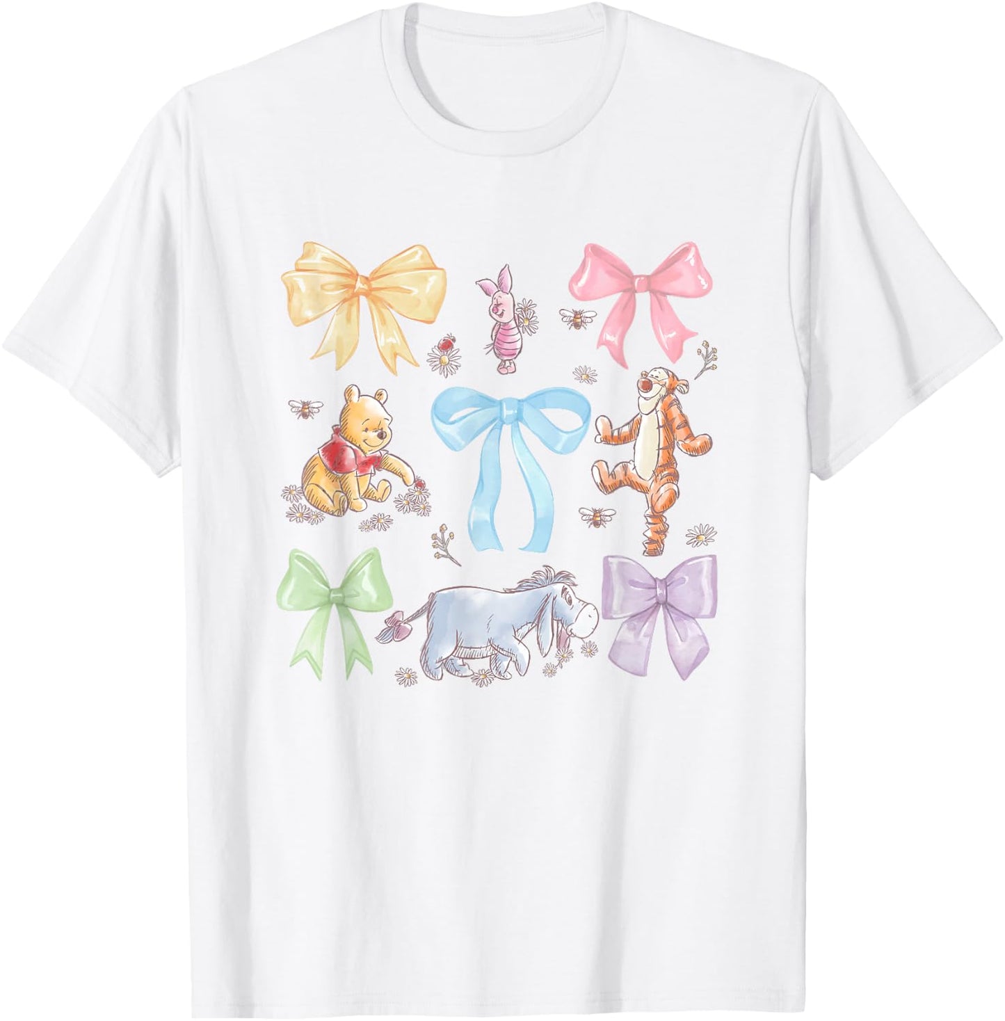 Disney Winnie The Pooh Cute Group Shot Sketch Chest Logo T-Shirt - T-Shirt | White