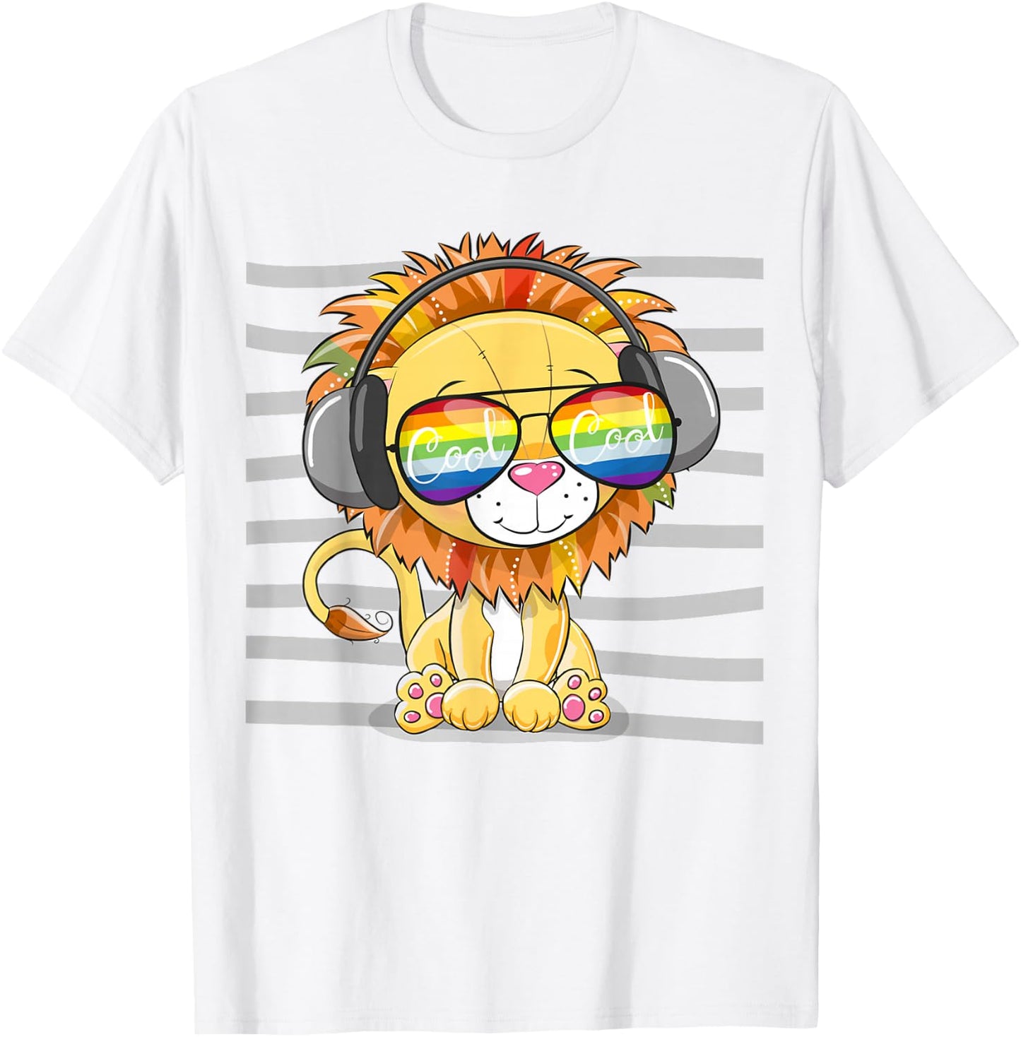 Cool Cartoon Cute Lion With Sun Glasses Art T-Shirt - T-Shirt | White