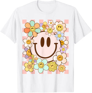 Happy Face Daisy Flower Shirt Preppy Aesthetic Smile Face T-Shirt - T-Shirt | White