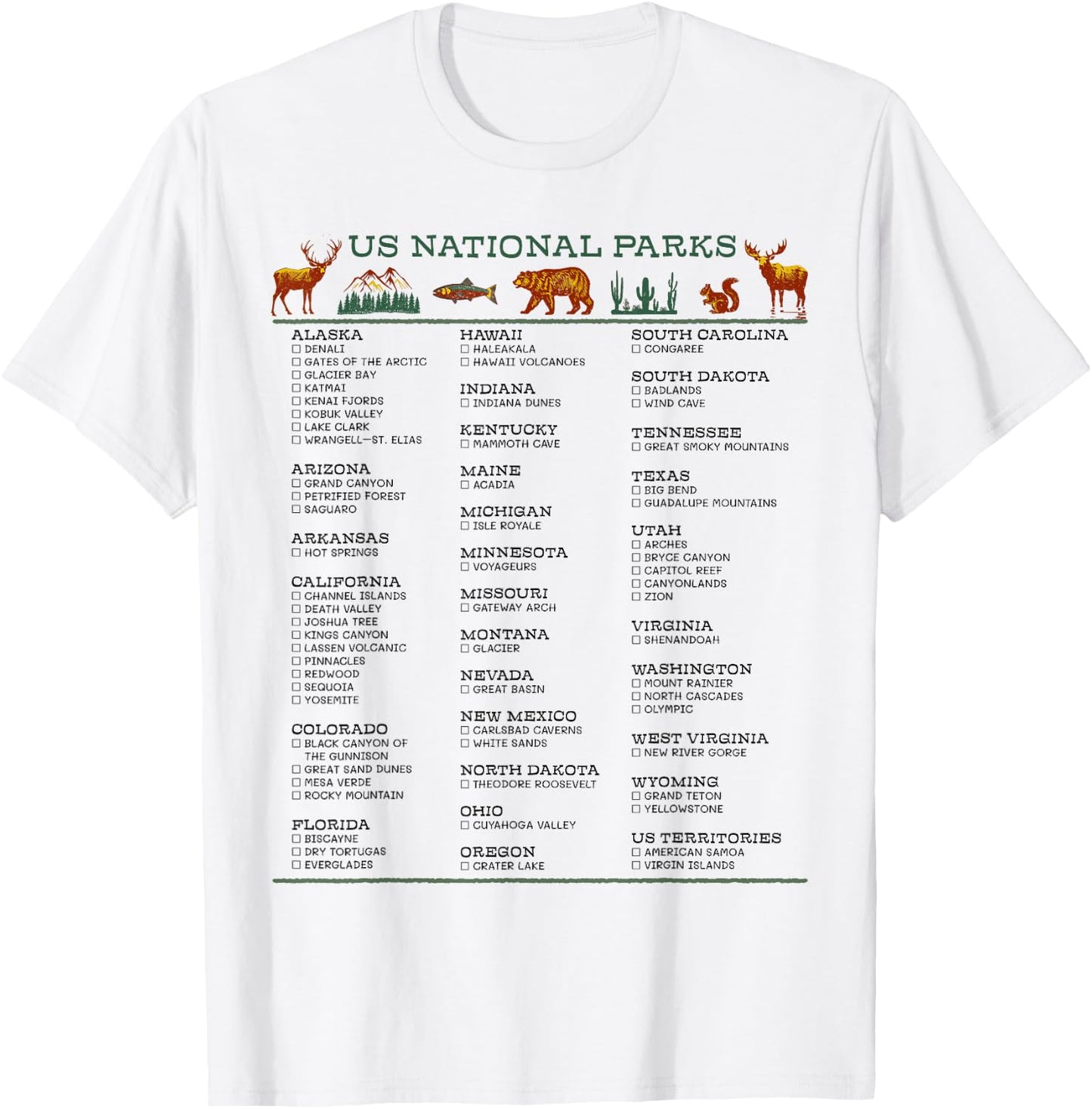 US National Parks List by State Check Off Checklist Souvenir T-Shirt - T-Shirt | White
