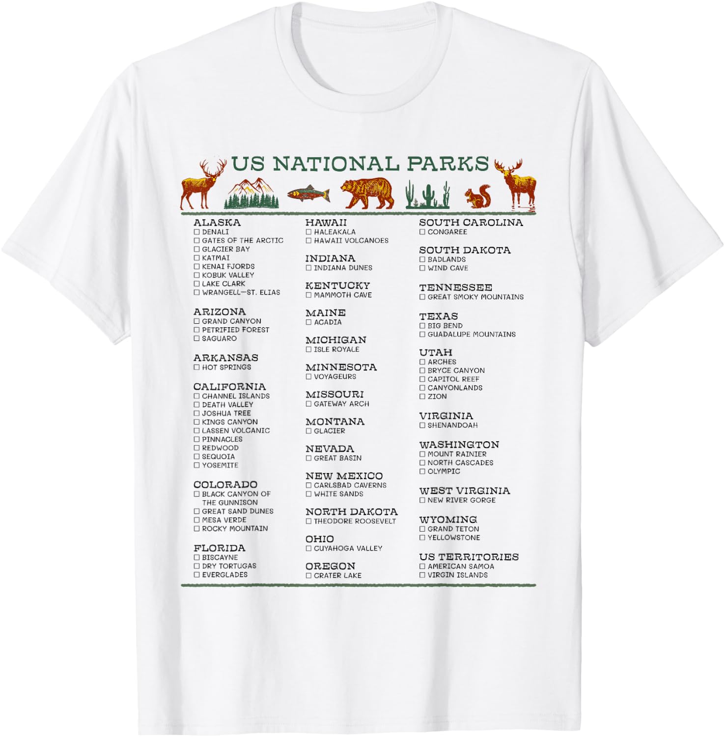 US National Parks List by State Check Off Checklist Souvenir T-Shirt - T-Shirt | White