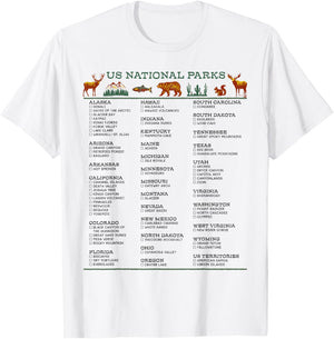 US National Parks List by State Check Off Checklist Souvenir T-Shirt - T-Shirt | White