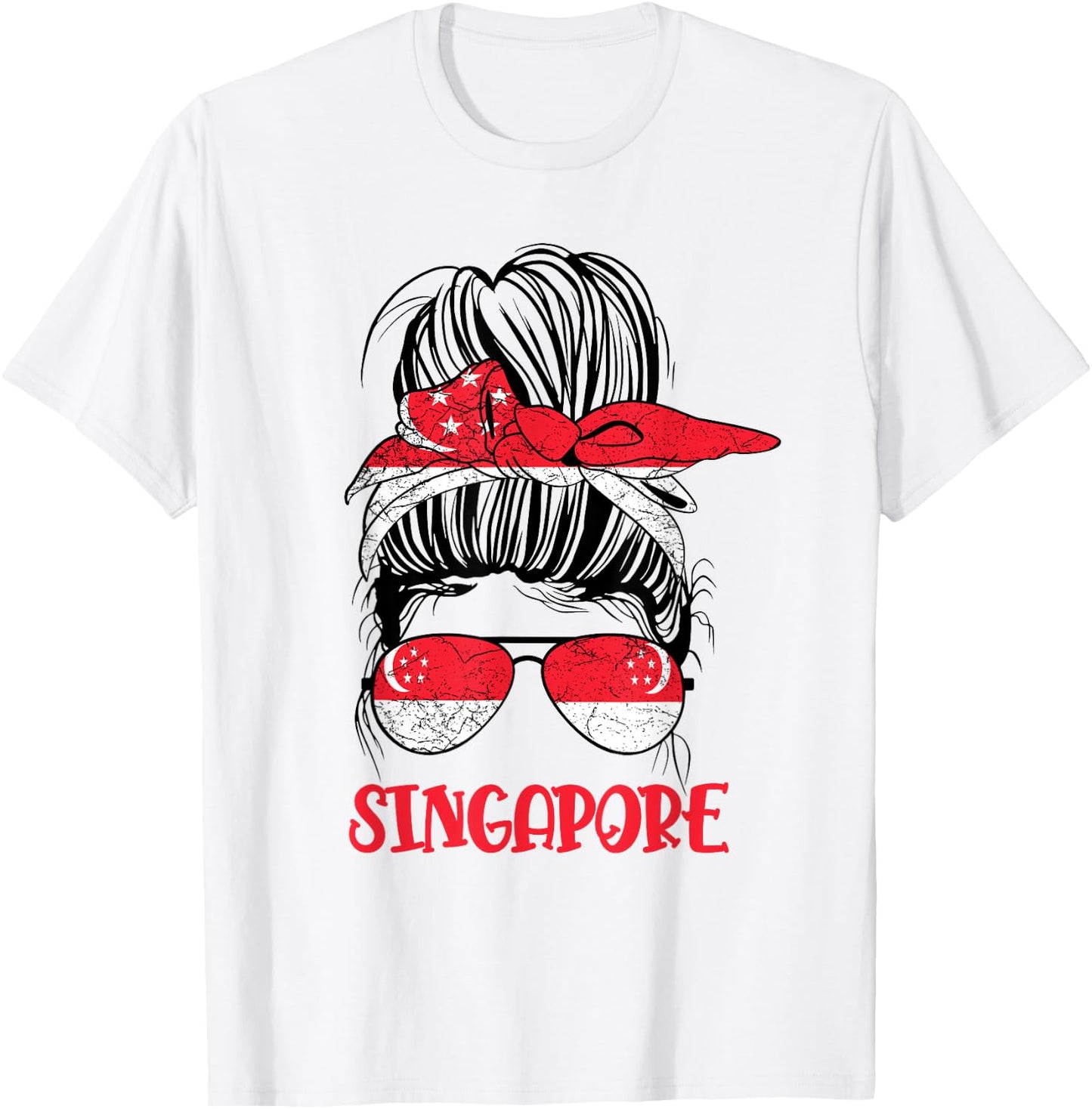 Singaporean Girl Messy bun Kids Women Singapore flag Vintage T-Shirt - T-Shirt | White