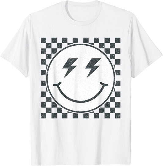 Retro Gray Happy Face Checkered Pattern Smile Face Trendy T-Shirt - T-Shirt | White