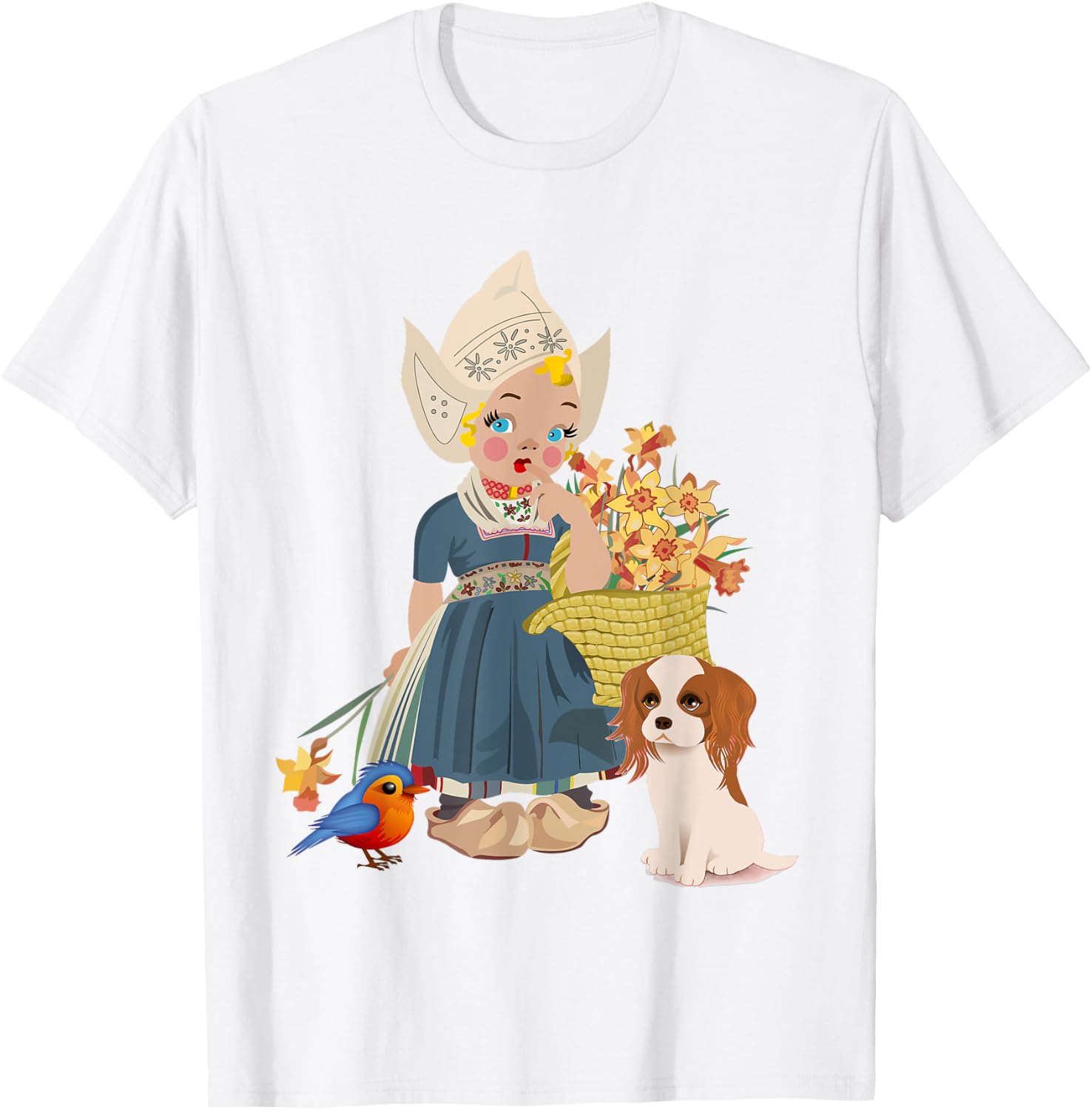 Vintage Dutch Girl in National Costume With her flowers T-Shirt - T-Shirt | White