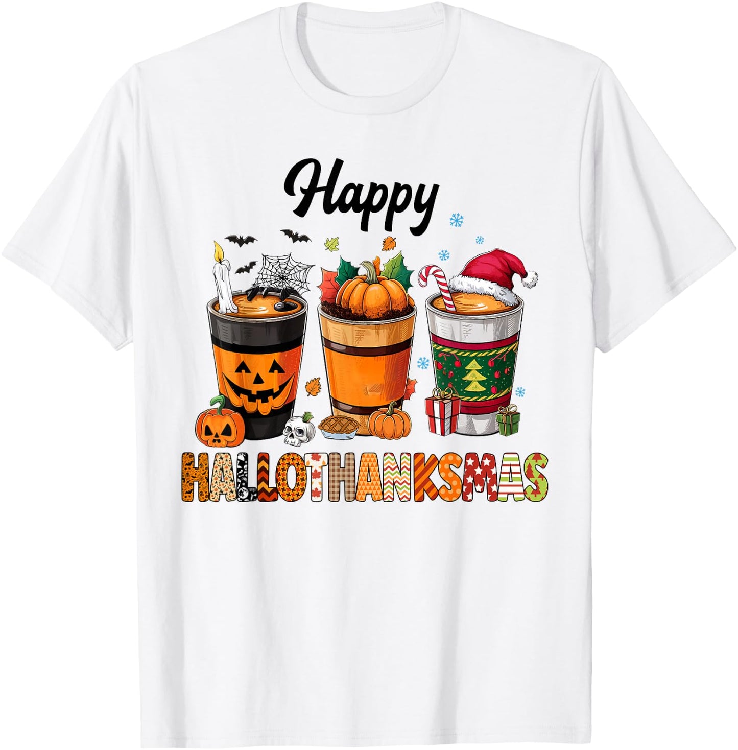Happy Hallothanksmas Halloween Coffee Latte Thanksgiving T-Shirt - T-Shirt | White