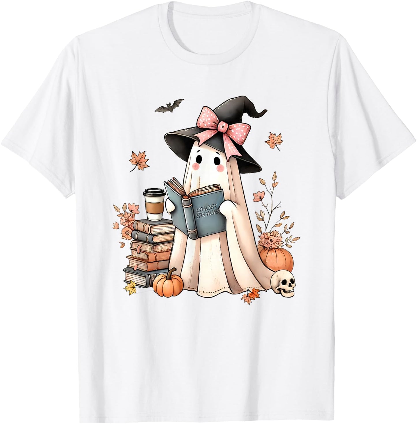Cute Ghost Reading Book Librarian Book Lover T-Shirt - T-Shirt | White