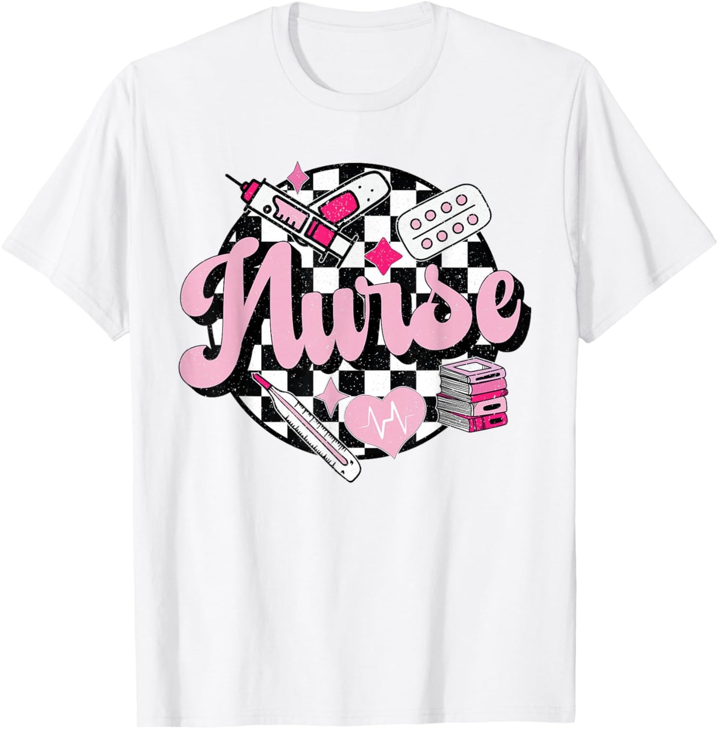 Checkered Retro Nurse School Nursing Groovy Nurse T-Shirt - T-Shirt | White