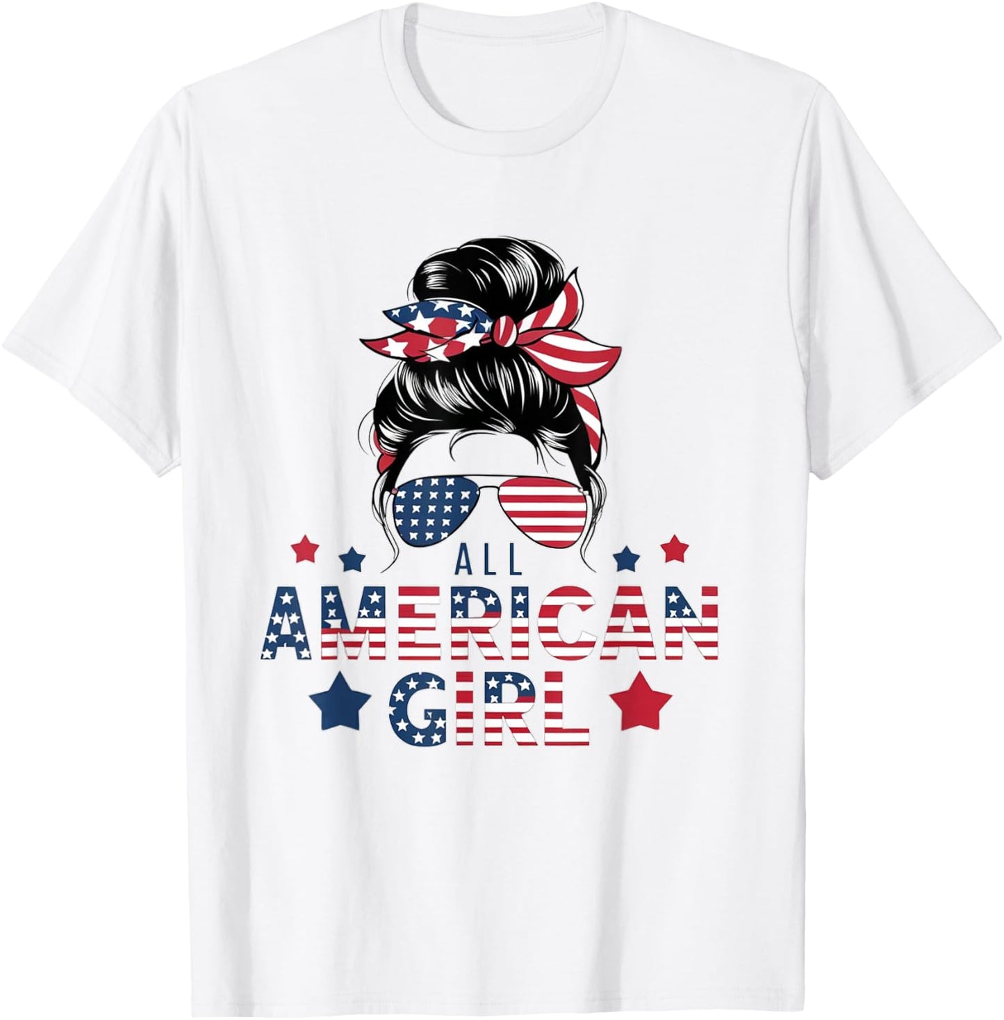 4th of July All American Girls Messy Bun Women USA Flag T-Shirt - T-Shirt | White