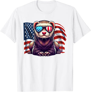 USA Flag Ferret Pets Patriotic Sunglasses Ferrets American T-Shirt - T-Shirt | White