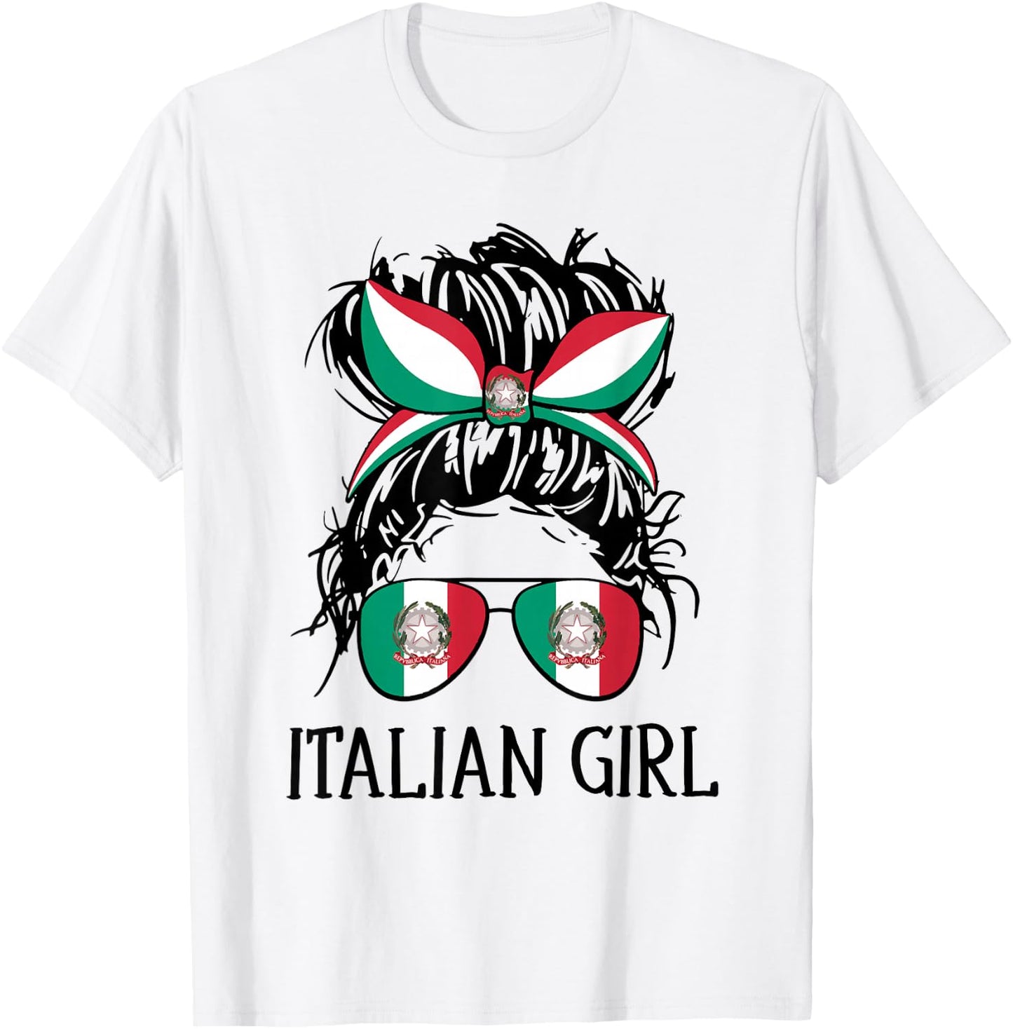 Italy Flag Coat of Arm Italian Girl Messy Bun Hair Women T-Shirt - T-Shirt | White
