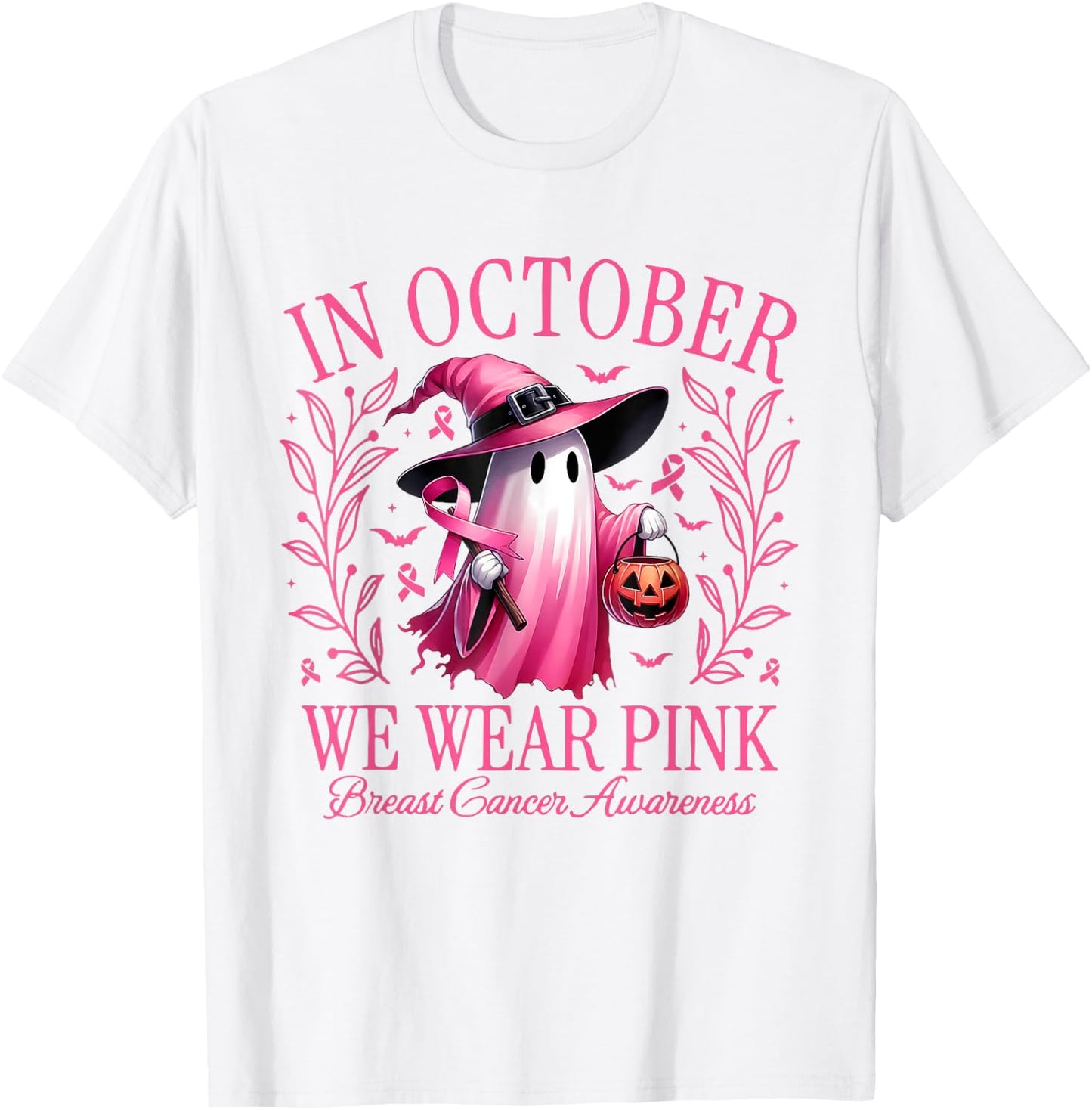 In October We Wear Pink Breast Cancer Awareness Halloween T-Shirt - T-Shirt | White