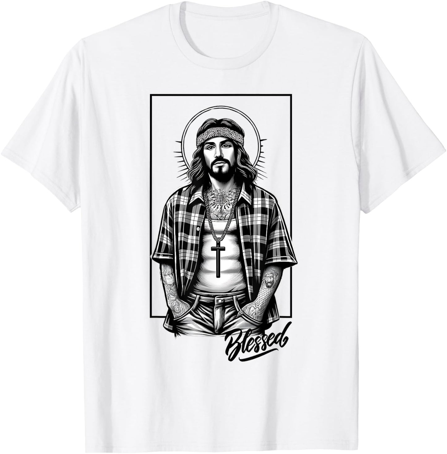 Chicano Latino Cholo Mexican Street Jesus Blessed Religious T-Shirt - T-Shirt | White