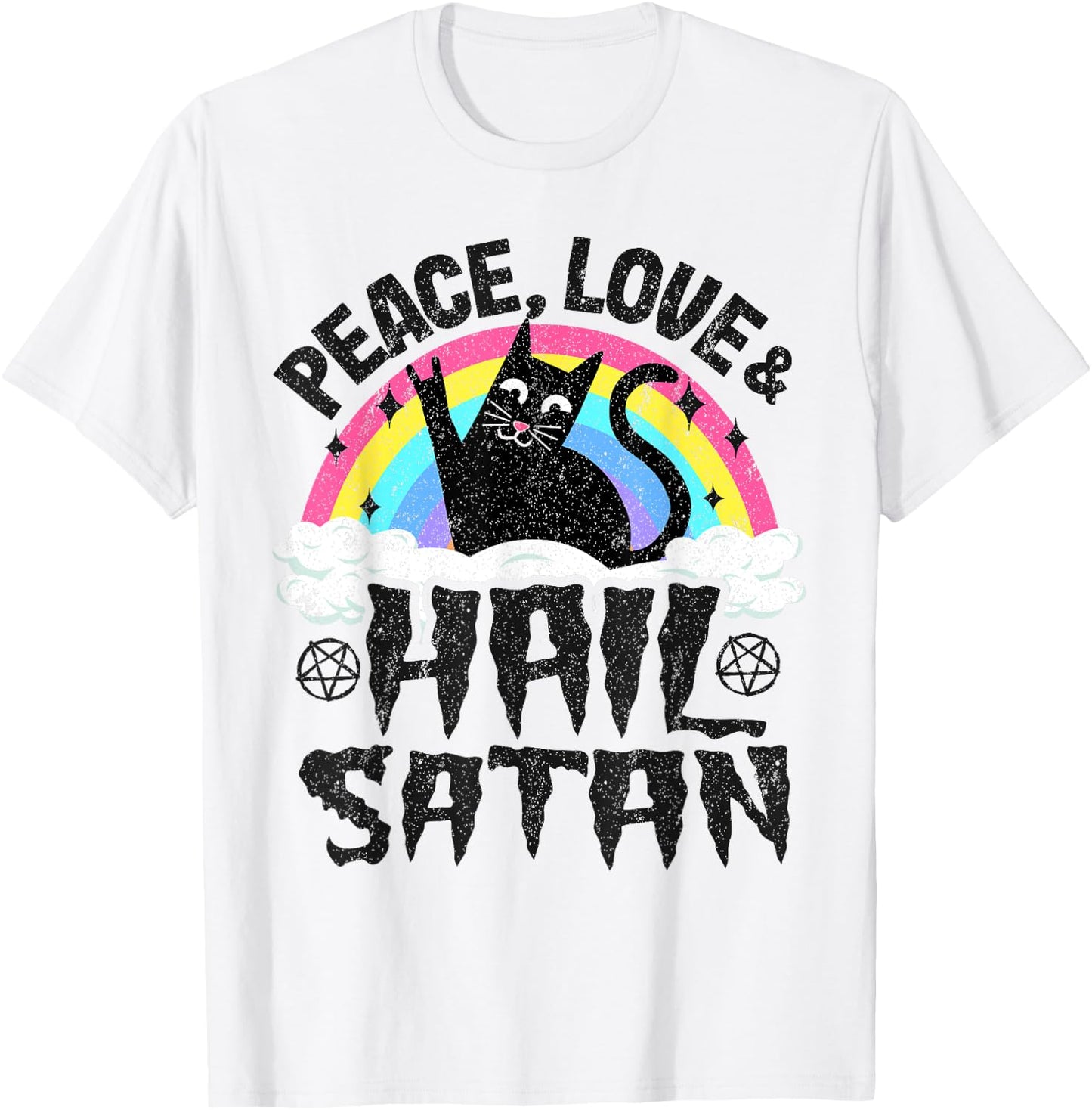 Peace Love & Hail Satan Cat Kids Punk Band Metal Rainbow T-Shirt - T-Shirt | White