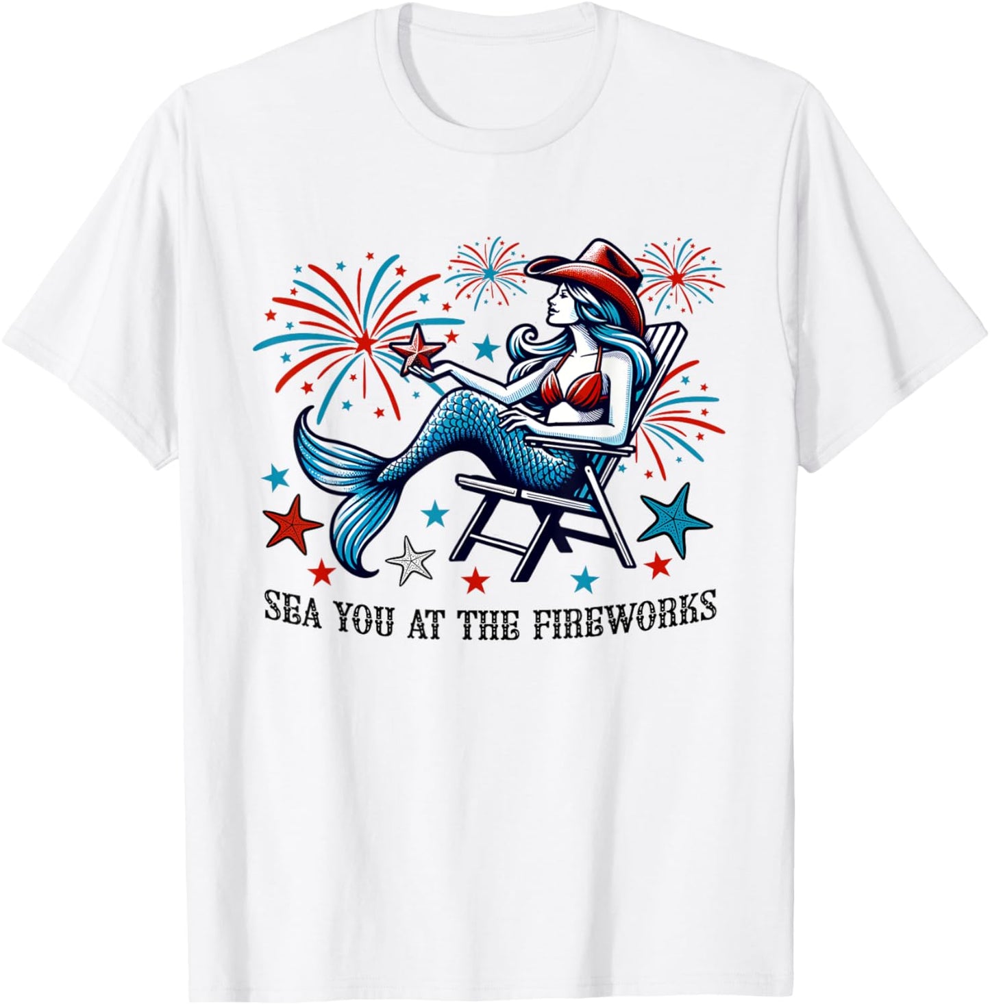 Mermaid Sea You At The Fireworks 4th of July Patriotic Cute T-Shirt - T-Shirt | White