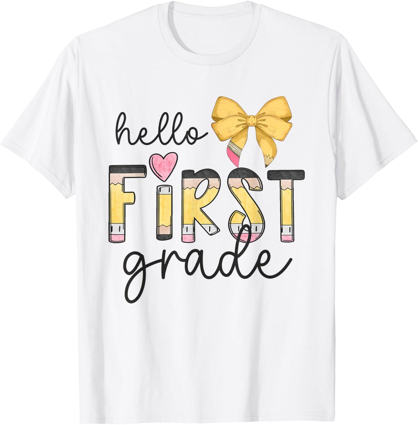 Hello First Grade Teacher Coquette Pencil Bow Back To School Women Girls Kids T-Shirt - T-Shirt | White